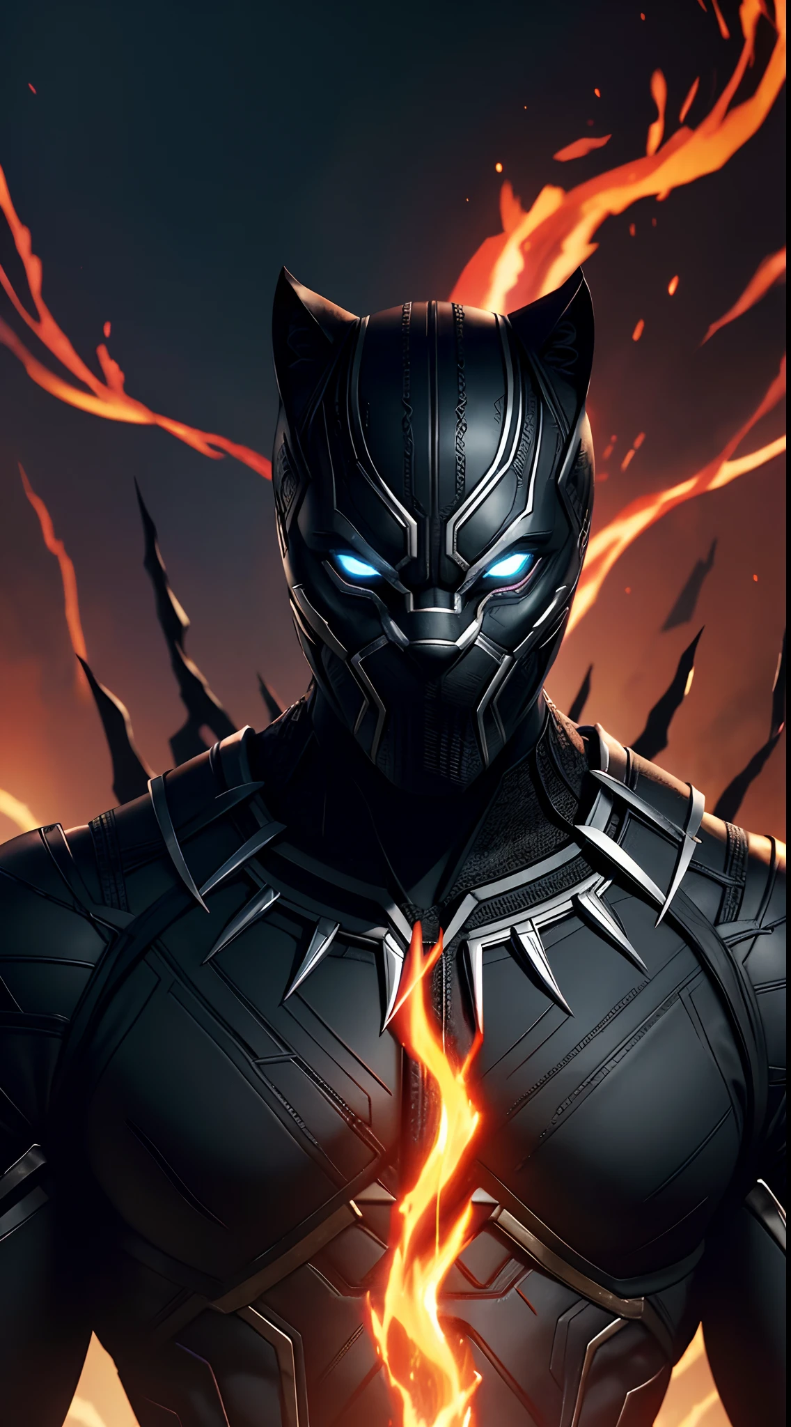 Black Panther God with handsome face, 1 character composition and beautiful scenery, depth of field, glowing red eyes, transformation state mode, extreme instinct, epic anime about energy people, fire , lava, epic anime artwork, concept art Black Panther universe concept, 8k manga wallpaper, detailed anime digital art, advanced digital anime art, artwork detailed anime, 8k anime