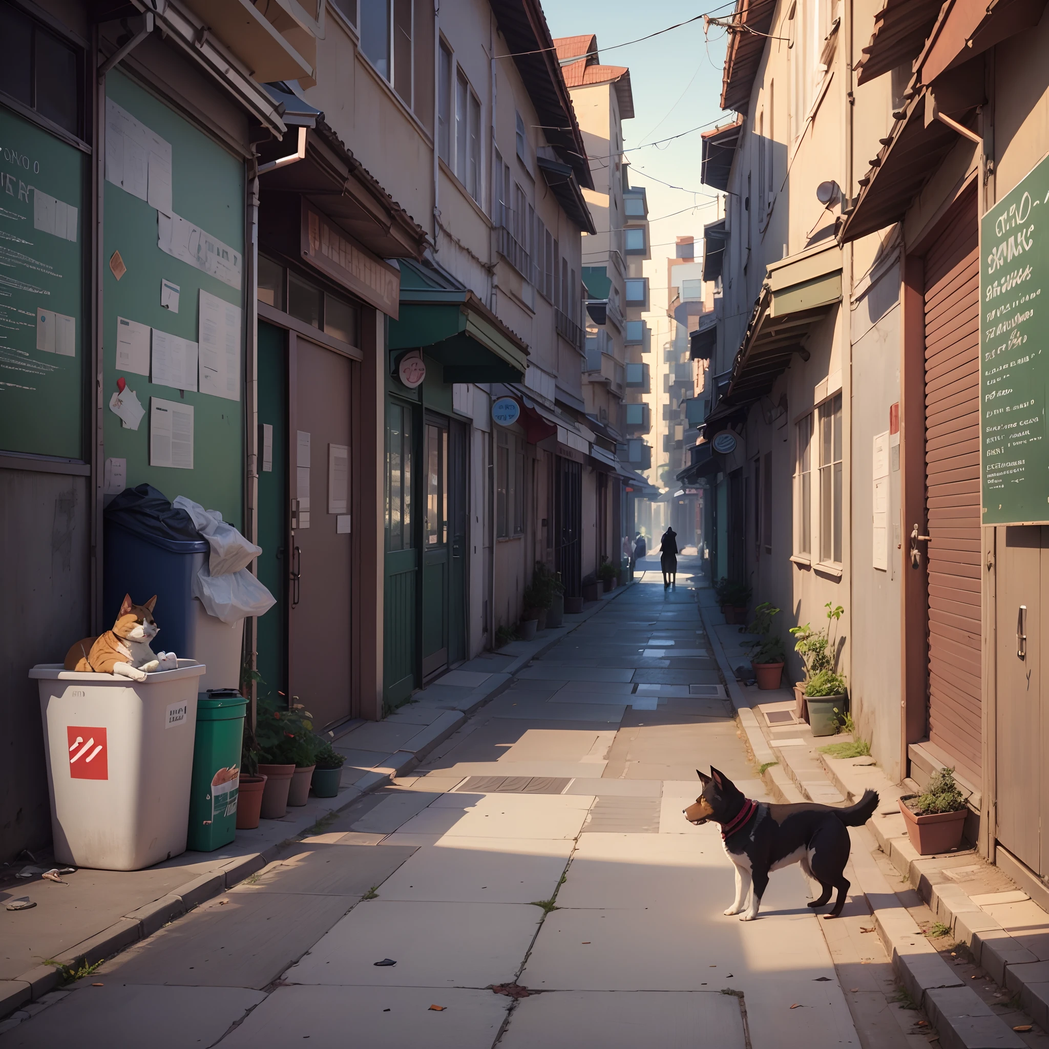 High quality, correct light and shadow, excellent works, Makoto Shinkai style, there is a dog next to a cat, in the corner of the city, next to the trash can, people come and go. --auto --s2