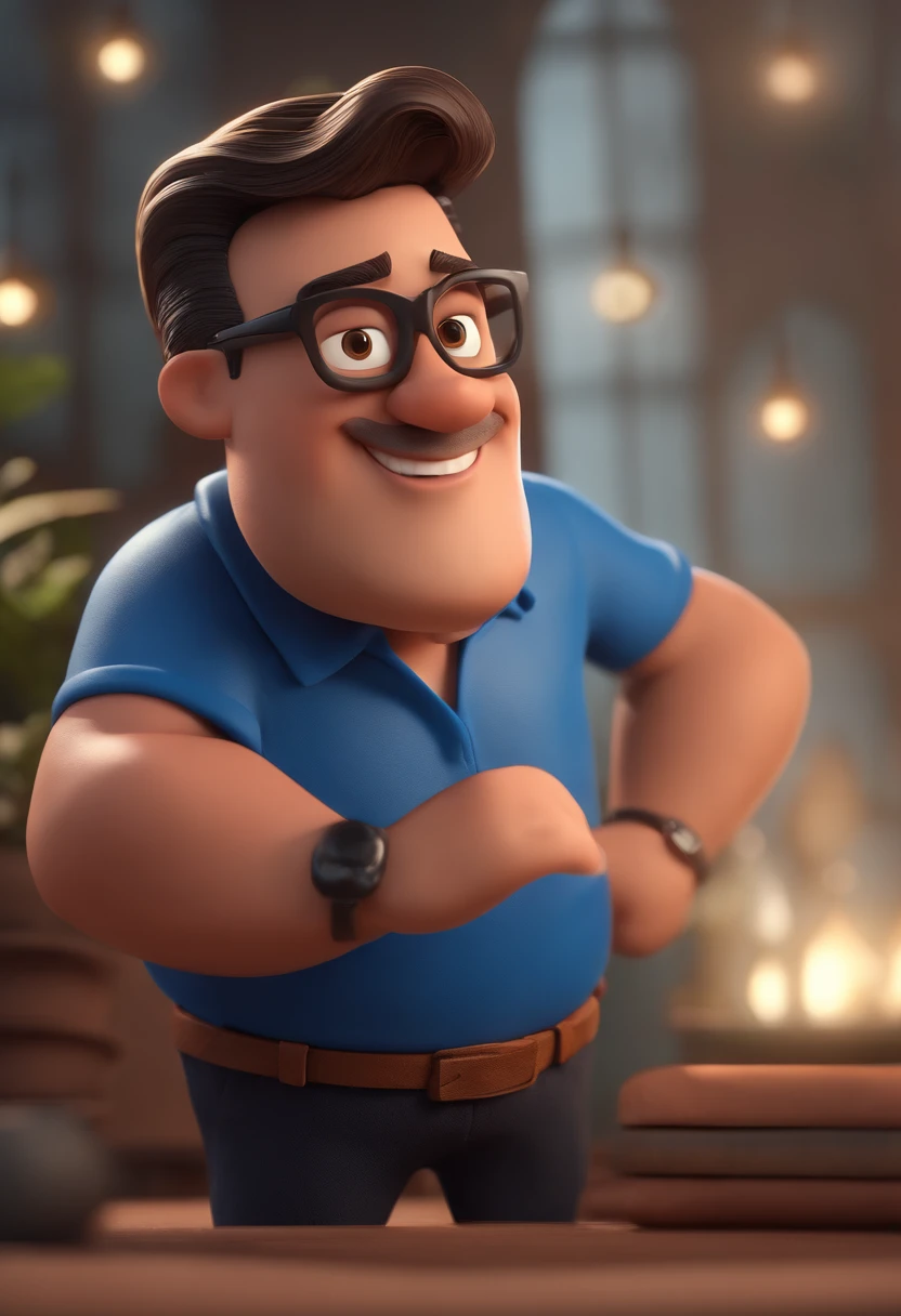 Cartoon character of a man with black glasses and a blue shirt, animation character, Caractere estilizado, animation style rendering, 3D estilizado, Arnold Maya render, 3 d render stylized, toon render keyshot, Personagem 3D, Personagem 3D, 3d rendering stylized, 3 d character render, personagem de desenho animado, Personagem de close up, Pose de personagem, (Estilo Pixar) (master part:1.2) (Bokeh) (best quality) (pele detalhada) (textura detalhada) (8k) (argila) (Cinematic lighting) (foco nítido