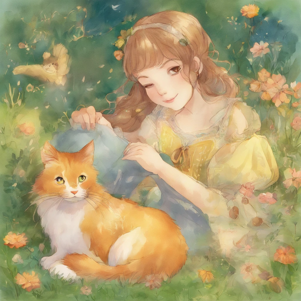 A girl and a cat are basking in the sun on the lawn of a sun-drenched park A girl is lying on the grass with -yeld chnut hair Cats are medium in size、Looking at the girl in gray with a kind face、Snuggling up Fantastic and happy feeling The overall design is classical and the color is strong yellow Picture book illustrations