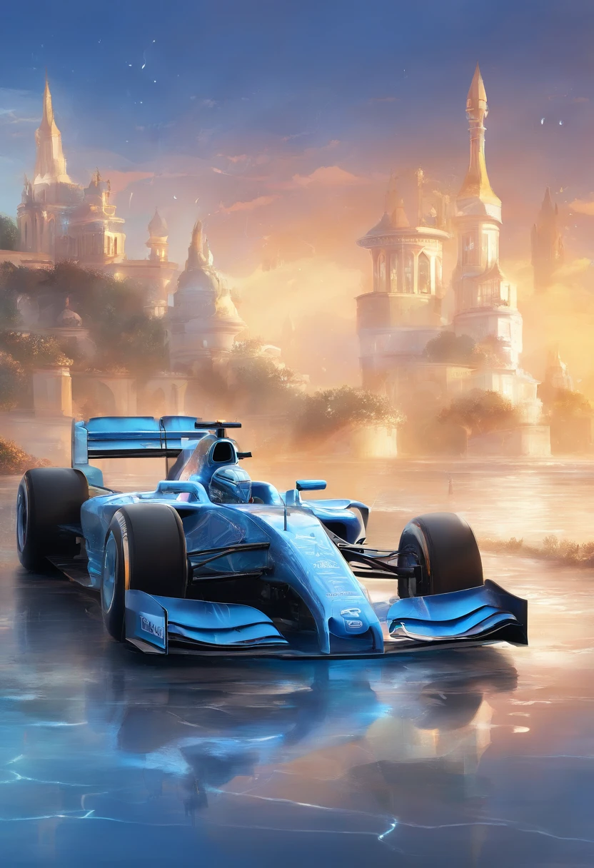 A blue and white F1 car co-branded F1 F1 car surface has the words "lua azul" Clear Fountain The Fountain Is Clear The Overall Atmosphere Is Majestic