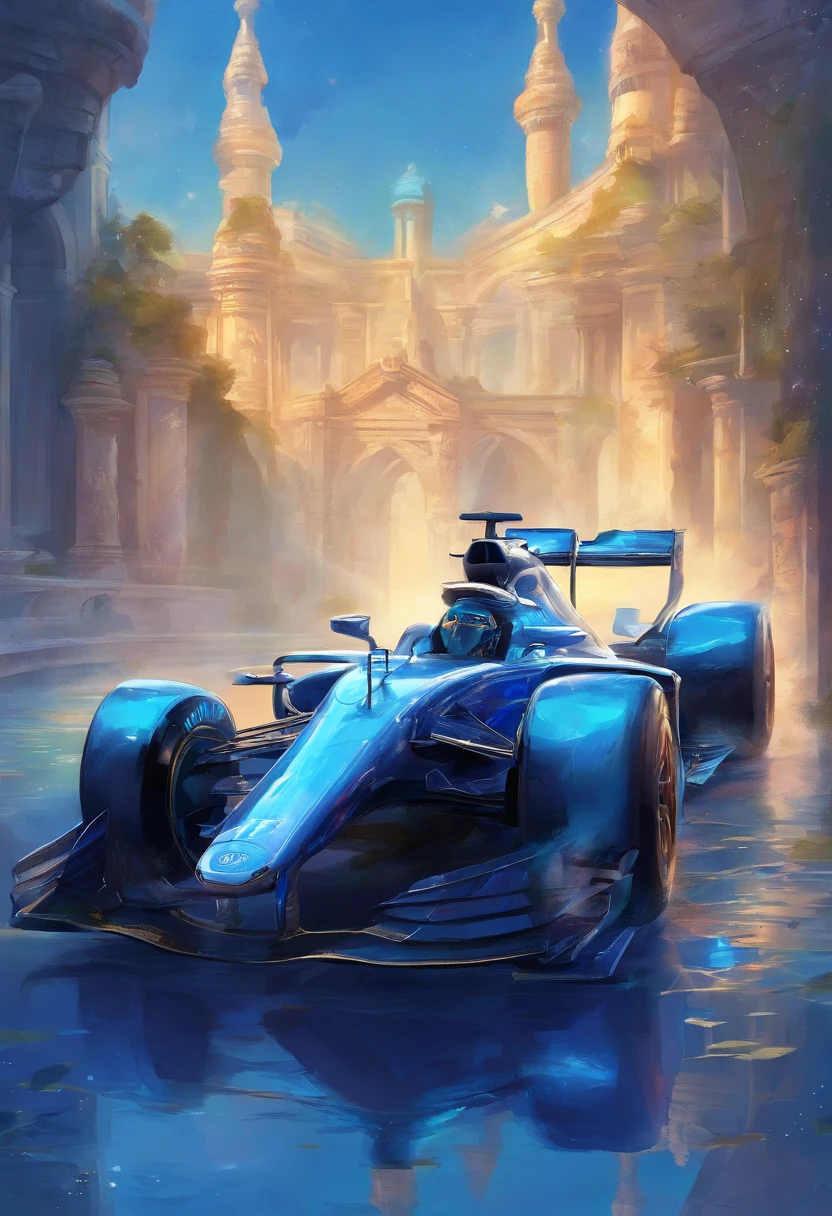 A blue and white F1 car co-branded F1 F1 car surface has the words "lua azul" Clear Fountain The Fountain Is Clear The Overall Atmosphere Is Majestic