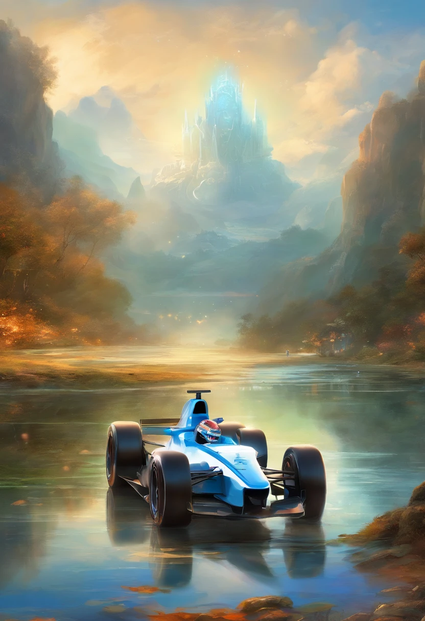 A blue and white F1 car co-branded F1 F1 car surface has the words "lua azul" Clear Fountain The Fountain Is Clear The Overall Atmosphere Is Majestic