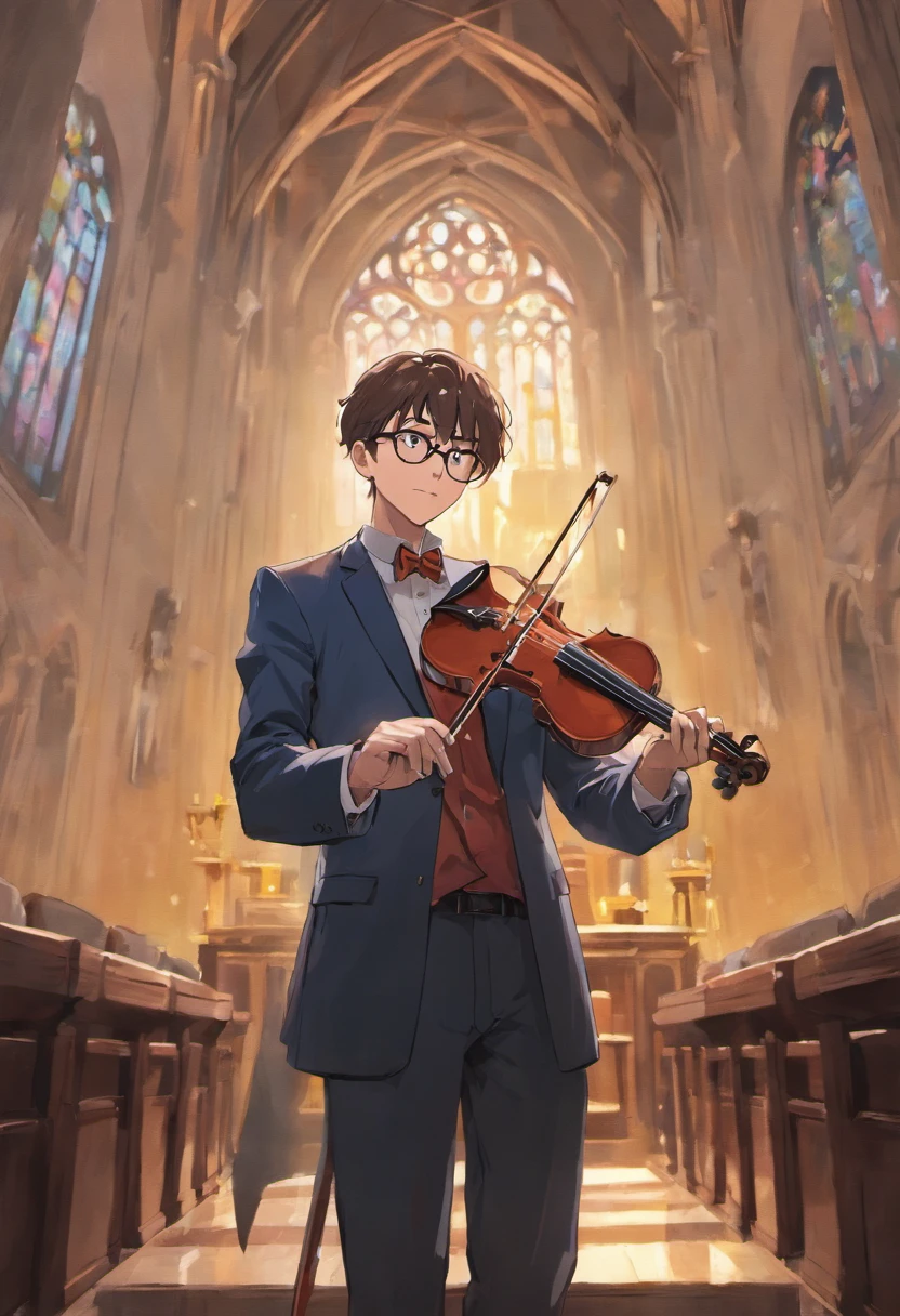 A dark-skinned man with glasses playing violin in church