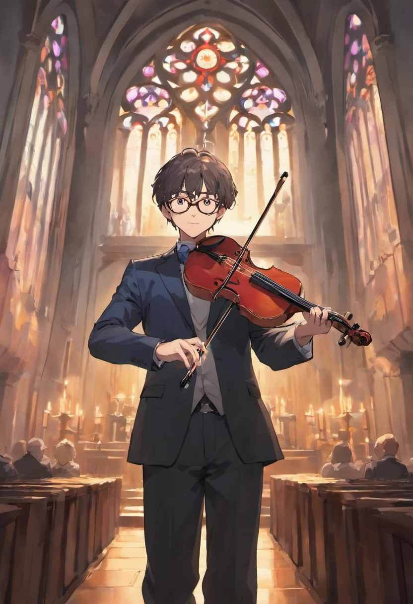 A dark-skinned man with glasses playing violin in church