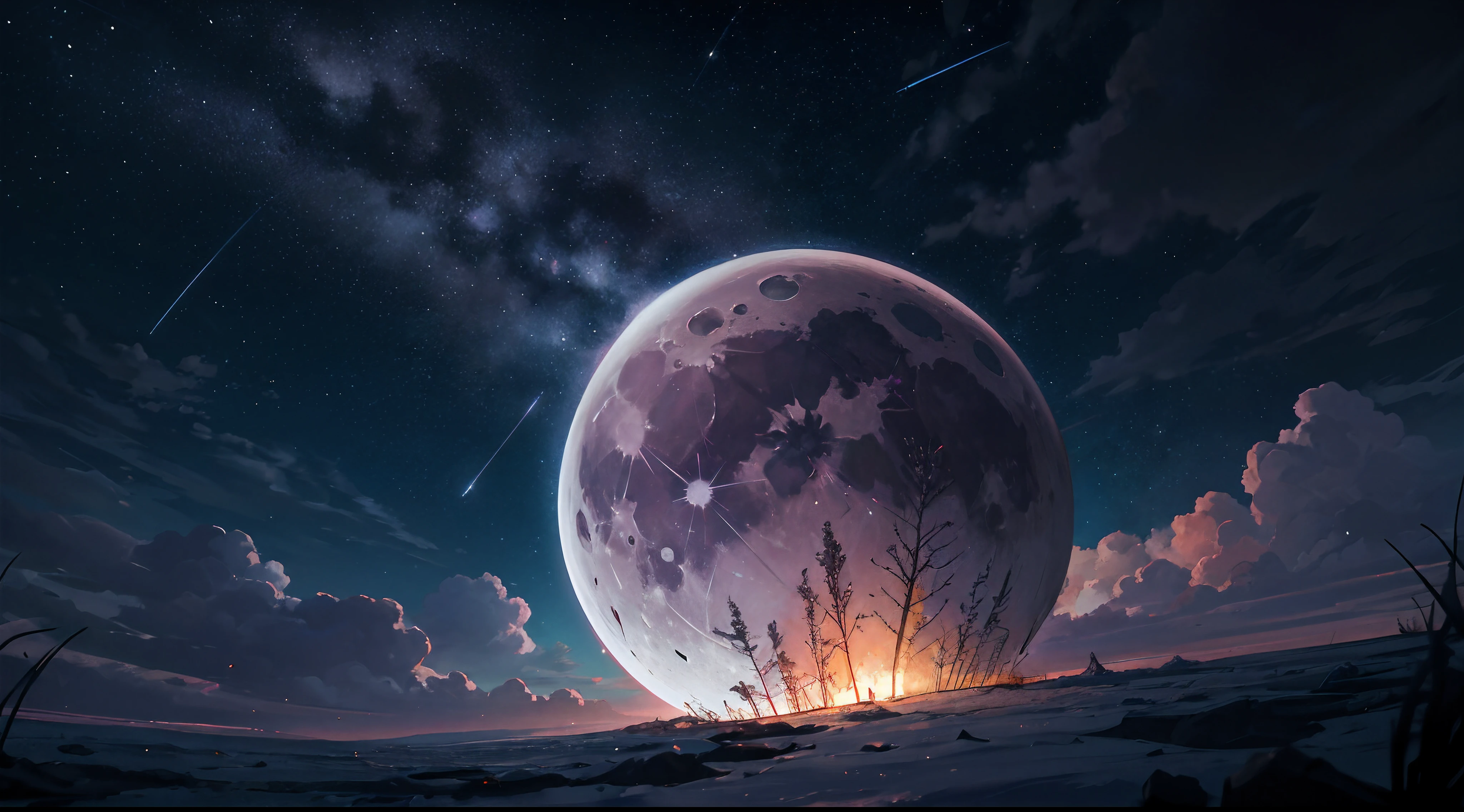 Expansive landscape photograph，（moon full：1.2），（meteors：0.9），（Starcloud：1.3），（Warm light source：1.2），（glowworm：1.2），lamp lights，Lots of purple and orange，Complicated details，Volumetriclighting，Realism BREAK（tmasterpiece：1.2），（best qualtiy），8K，Ultra-detailed，（dynamic compositions：1.4），The is very detailed，Colorful details，（Irridescent color：1.2），（luminouslighting，Atmospheric lighting），dream magical，magical，（独奏：1.2），（（best qualtiy））， （（tmasterpiece））， （the detail：1.4），depth of fields，maximum definition and sharpness，perfectly proportions，Fluttering clouds，Wallpapers, Anime, spring Visuals,