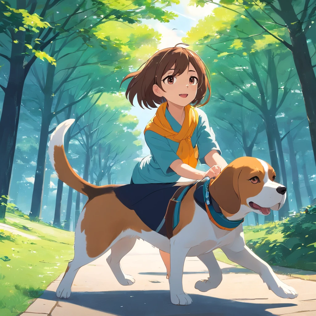 Pieza maestra, Un Beagle, Estilo de matriz, Paseando por el parque, caminando por la acera con una bufanda en la cabeza, Gafas de sol, Dynamic Angle, mejor calidad, 4k,