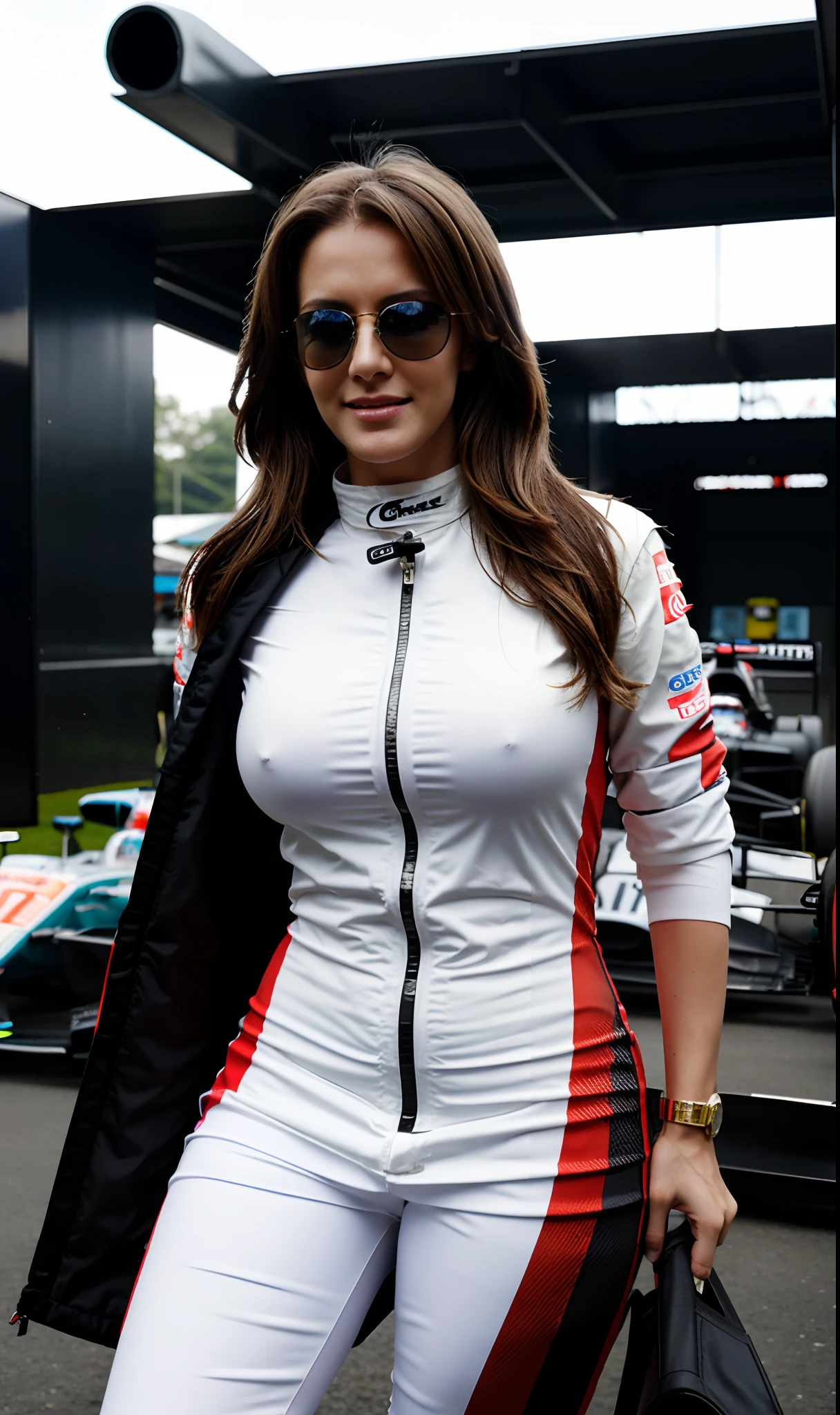 russian milf, perfect and clear eyes, sunglasses, dressed as a formula 1 racer, standing near her race car, medium sized tits and ass, candid photography, realistic, detailed skin texture, vibrant colours, great exposure, cinematic, Photorealistic:1.4, UHD