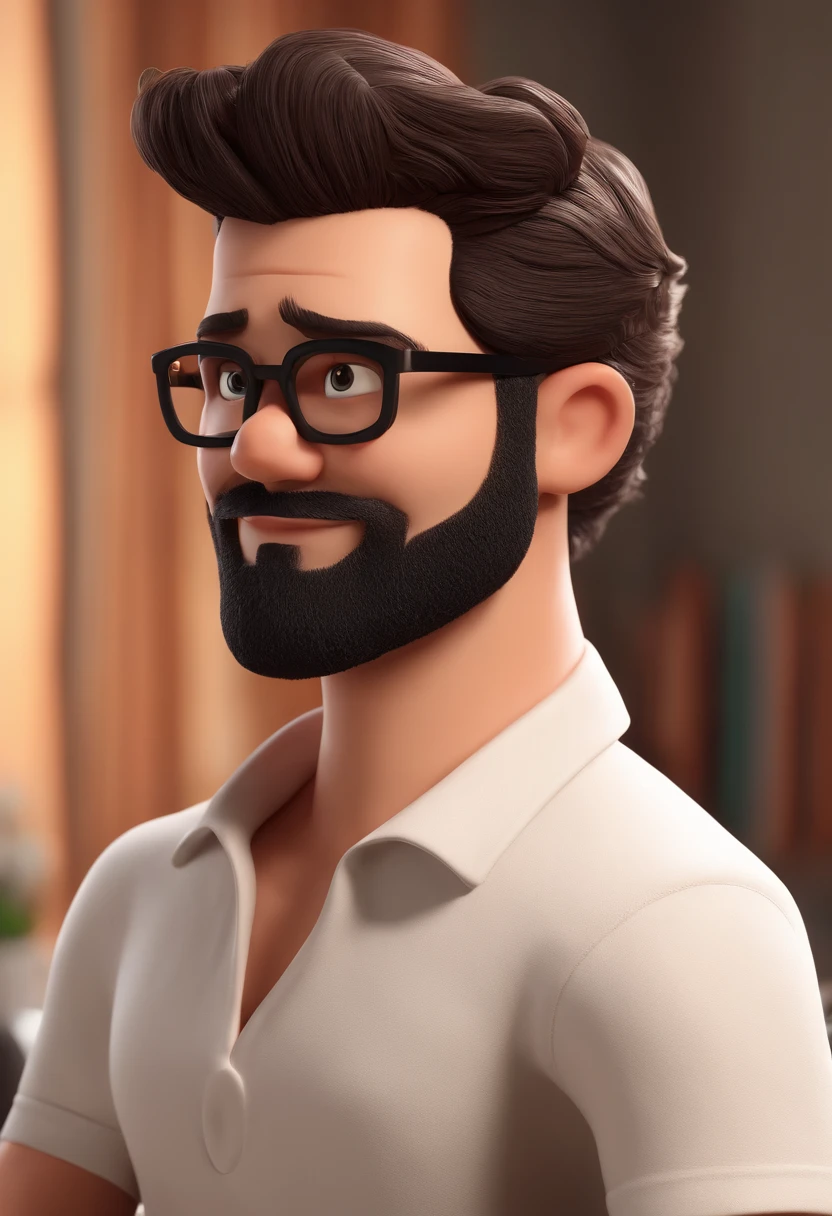 Cartoon character of a man with black glasses, cabelos curtos penteado para o lado direito, Short beard and a black shirt along with a beagle dog named toothless animation character, Caractere estilizado, animation style rendering, 3D estilizado, Arnold Maya render, 3 d render stylized, toon render keyshot, Personagem 3D, Personagem 3D, 3d rendering stylized, 3 d character render, personagem de desenho animado, Personagem de close up, Pose de personagem, (Estilo Pixar) (master part:1.2) (Bokeh) (best quality) (pele detalhada) (textura detalhada) (8k) (argila) (Cinematic lighting) (foco nítido