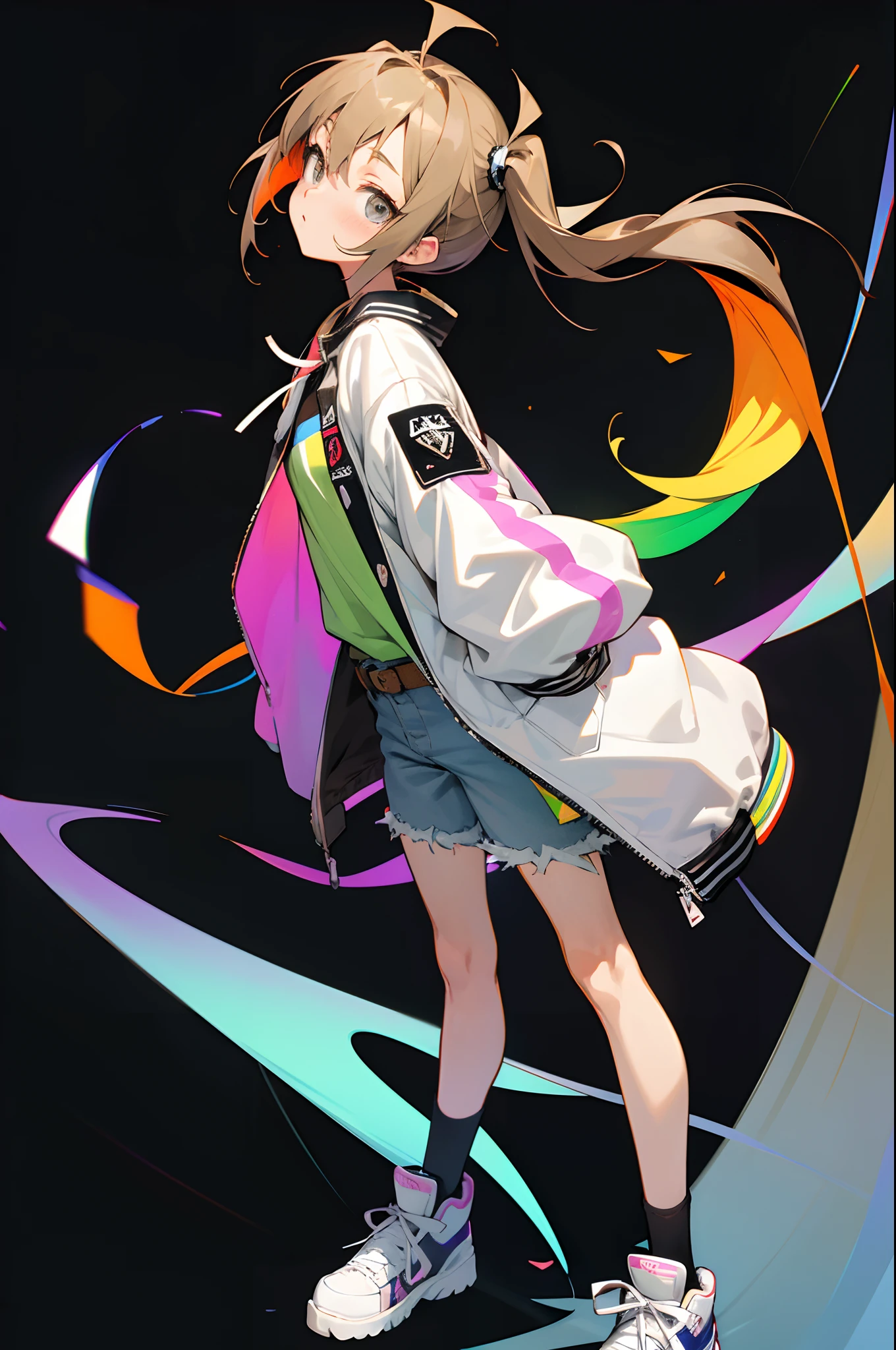 Manga, Drawing, Grey eyes, short light brown hair, Blind, Hyuga, black background, Pigtails,colorful,rainbow aura, jean shorts,Punk Rock,loose white uniform jacket with sleeves that stop at his forearms. He also wears slender blue jeans that tuck into white sneakers that match his jacket.,Female,put hands in pocket