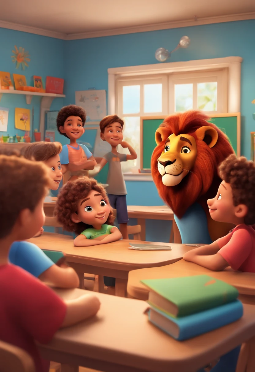 Create a Disney PIXAR-style 3D poster. Happy Daren Lion wearing a black t-shirt in a classroom with happy children.