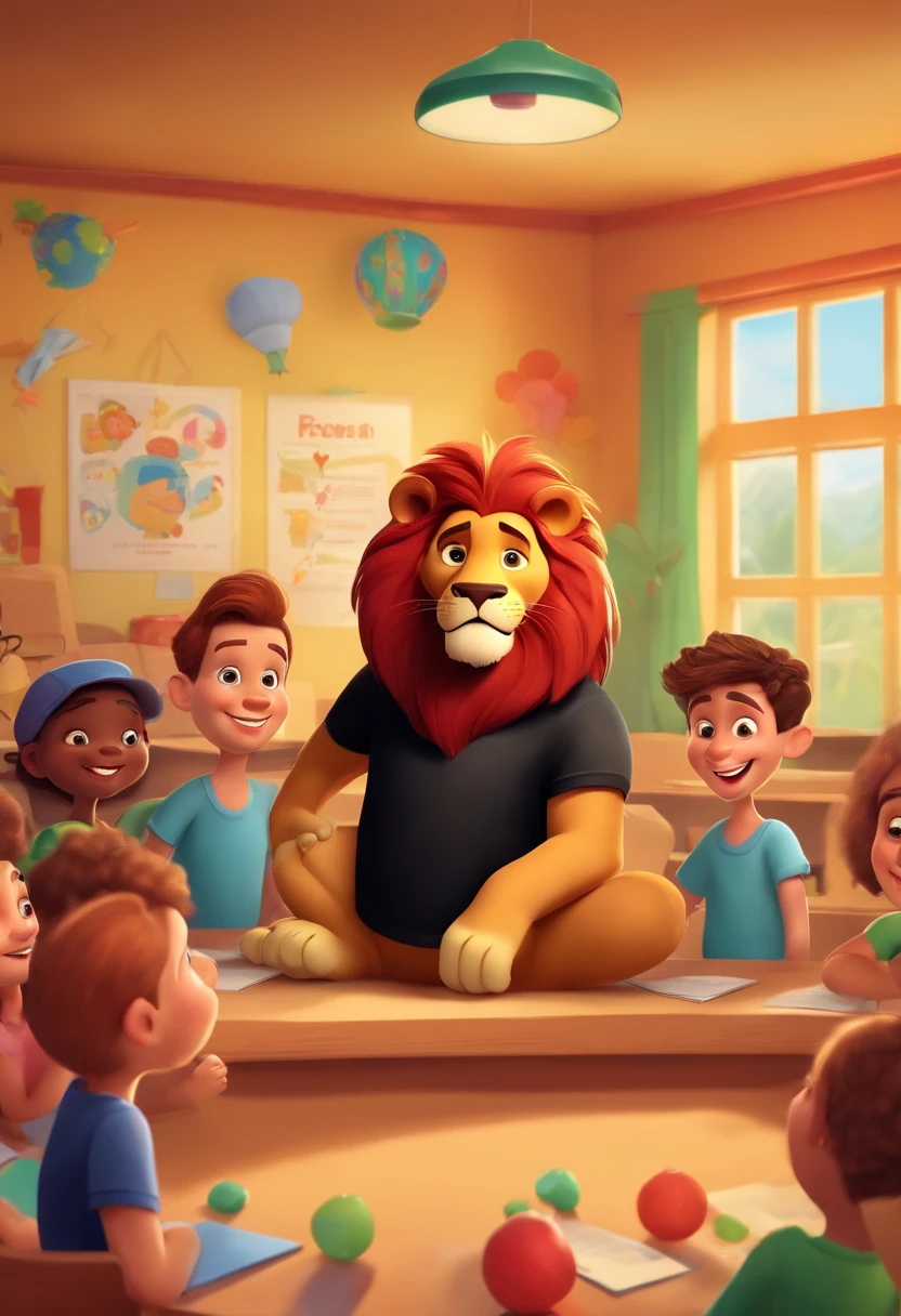 Create a Disney PIXAR-style 3D poster. Happy Daren Lion wearing a black t-shirt in a classroom with happy children.
