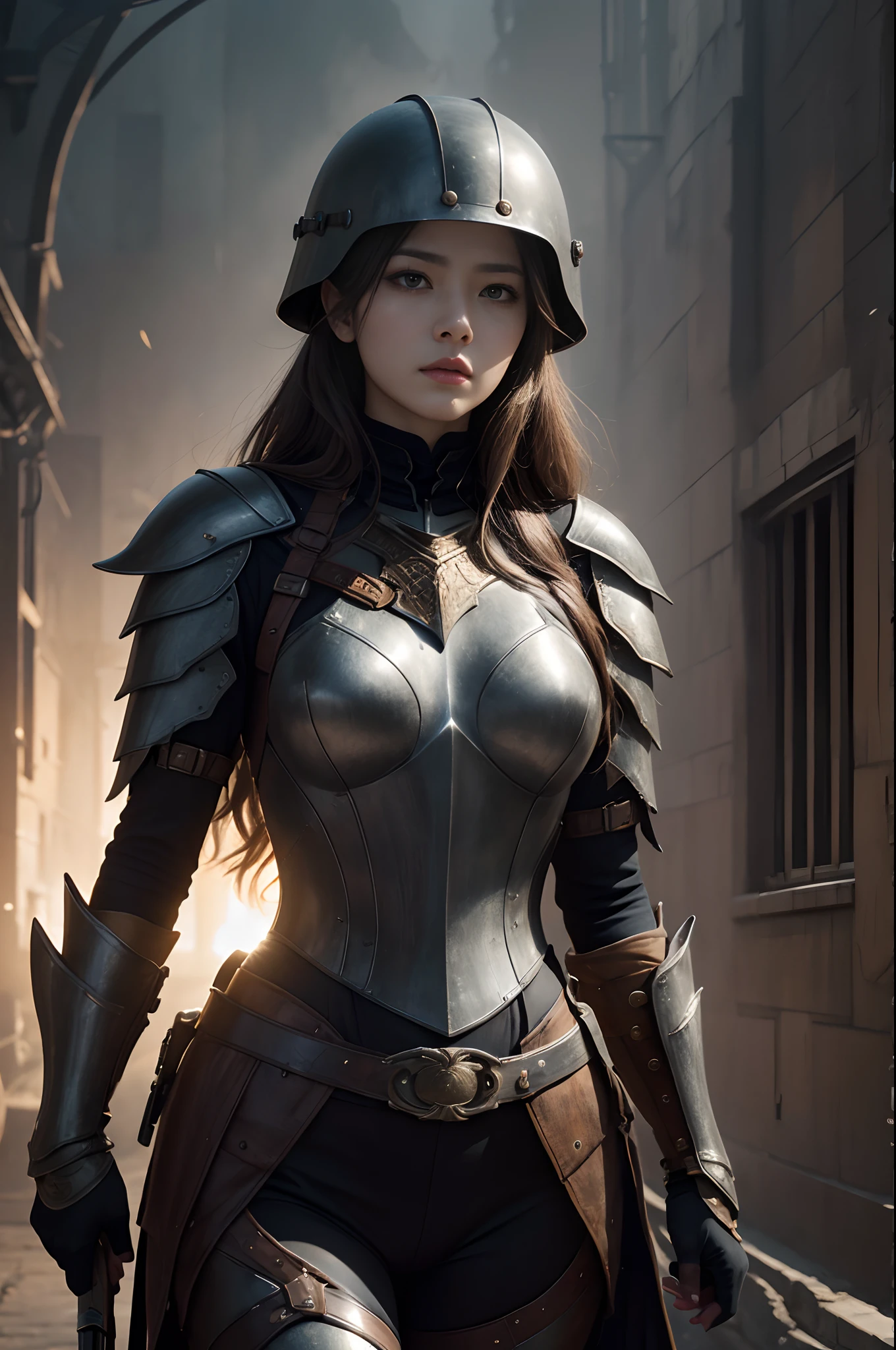 8K,超A high resolution,((Top image quality))、((masterpiece))、(High Detail:1.3)、Woman in black armor、length hair。Wearing a helmet、Wartime scenes of armor damage