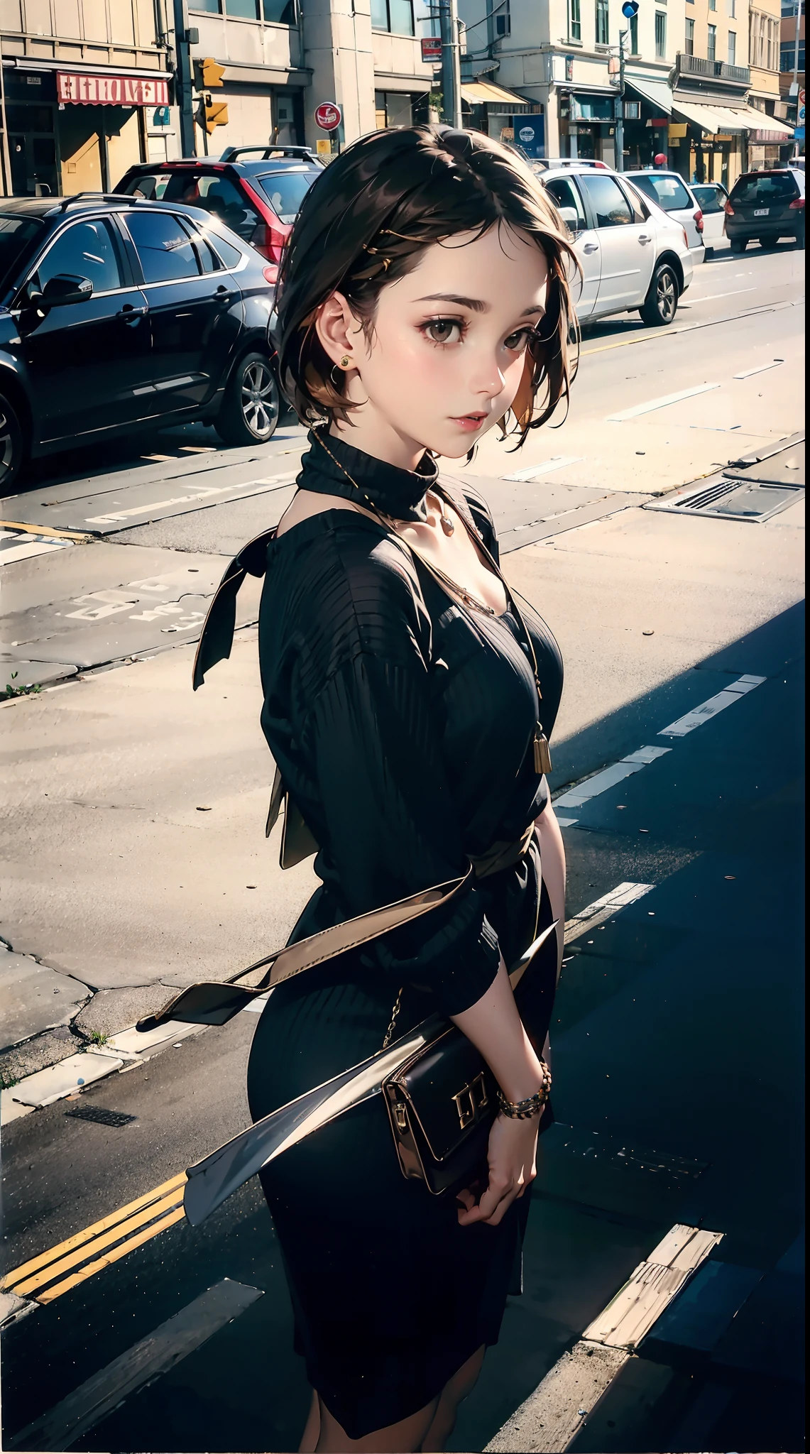 NSFW, ((Fujifilm)), bright scene, bright backlighting, solo, {beautiful and detailed eyes}, big breasts, calm expression, natural and soft light, hair blown by the breeze, delicate facial features, cnc_cc, brown_eyes, short hair, slight smile, short_hair, beautiful_korean_girl,iu, 20 years old, small Earrings AND small necklaces, (sweater dress) , (on the street), standing