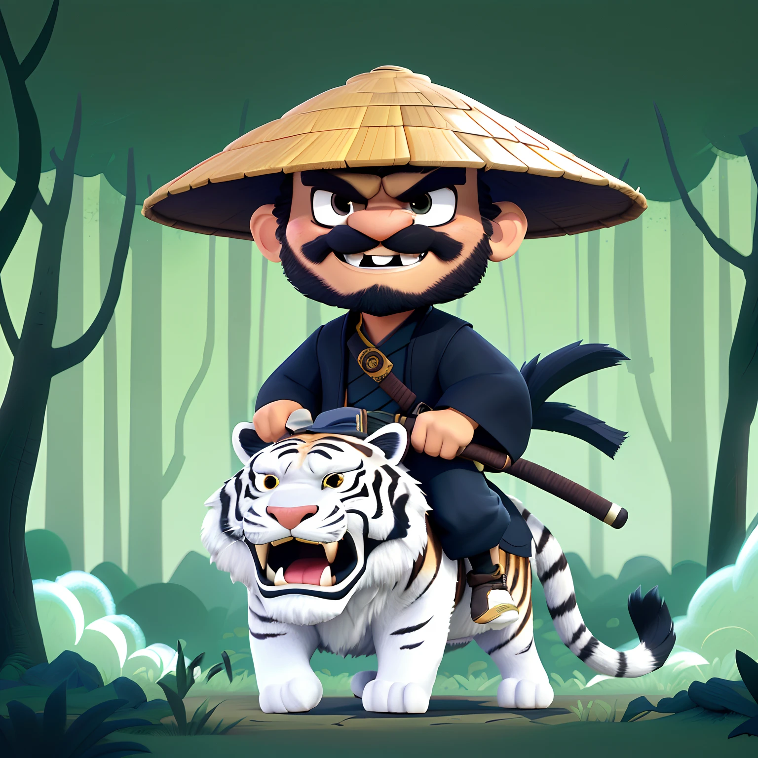 3D cartoon illustration of a man riding a tiger with a hat on, big nose, in the style of sifu 🔥 😎 🕹️ 👀 :2, a wizard battling a tiger, inspired by Miao Fu, 3D style illustration, Disney Pixar style, black bear samurai, inspired by Kanō Sansetsu, digital cartoon Disney Pixar style