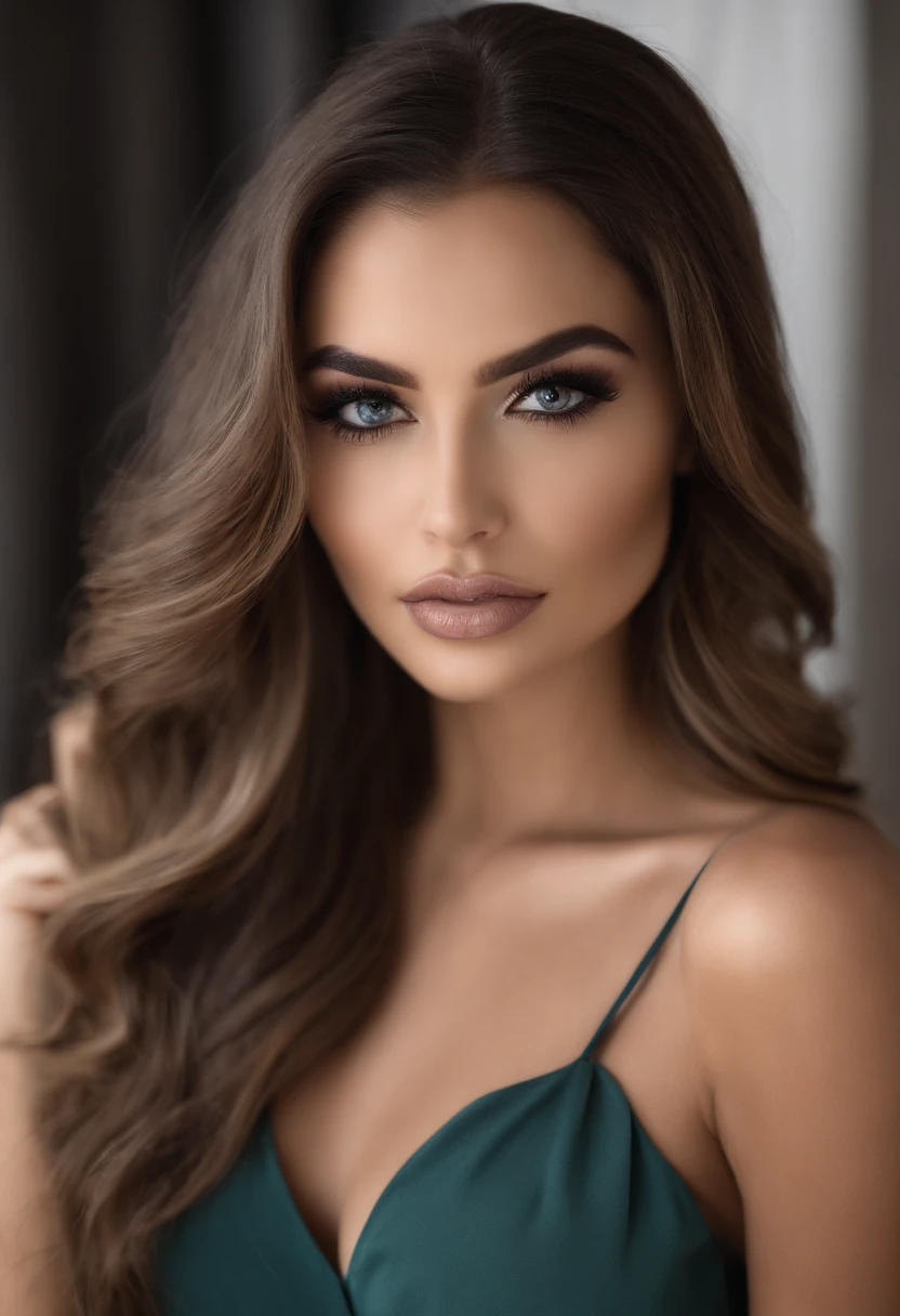 Femme latine , fille sexy aux yeux bleu profond, Portrait, cheveux bruns et grands yeux, Selfie dune jeune femme, maquillage naturel, looking straight at camera, Visage , Maquillage subtil, Superbe photo du corps entier, dans la rue, clivage,