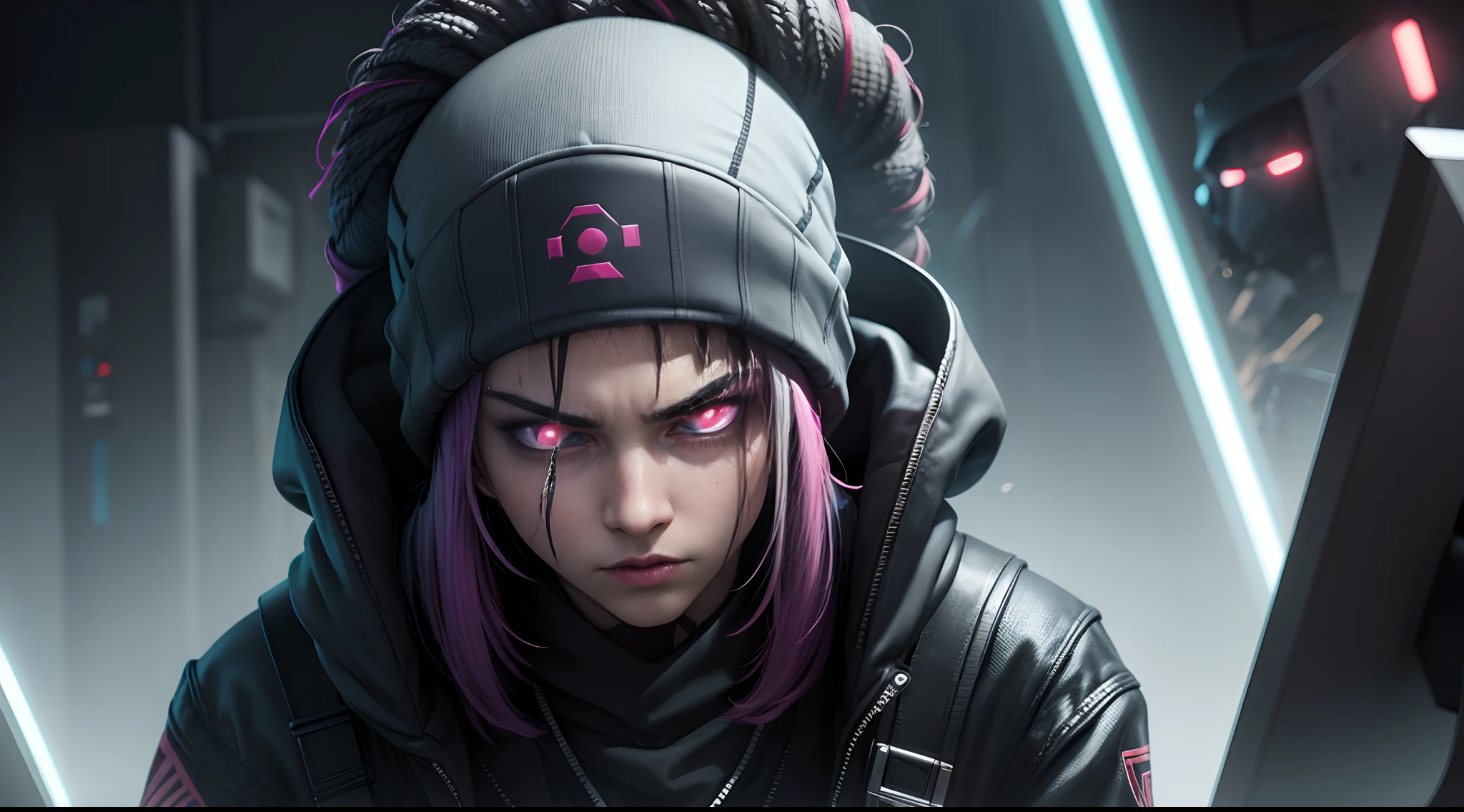 crazy ciberpunk gilr with intimidate face