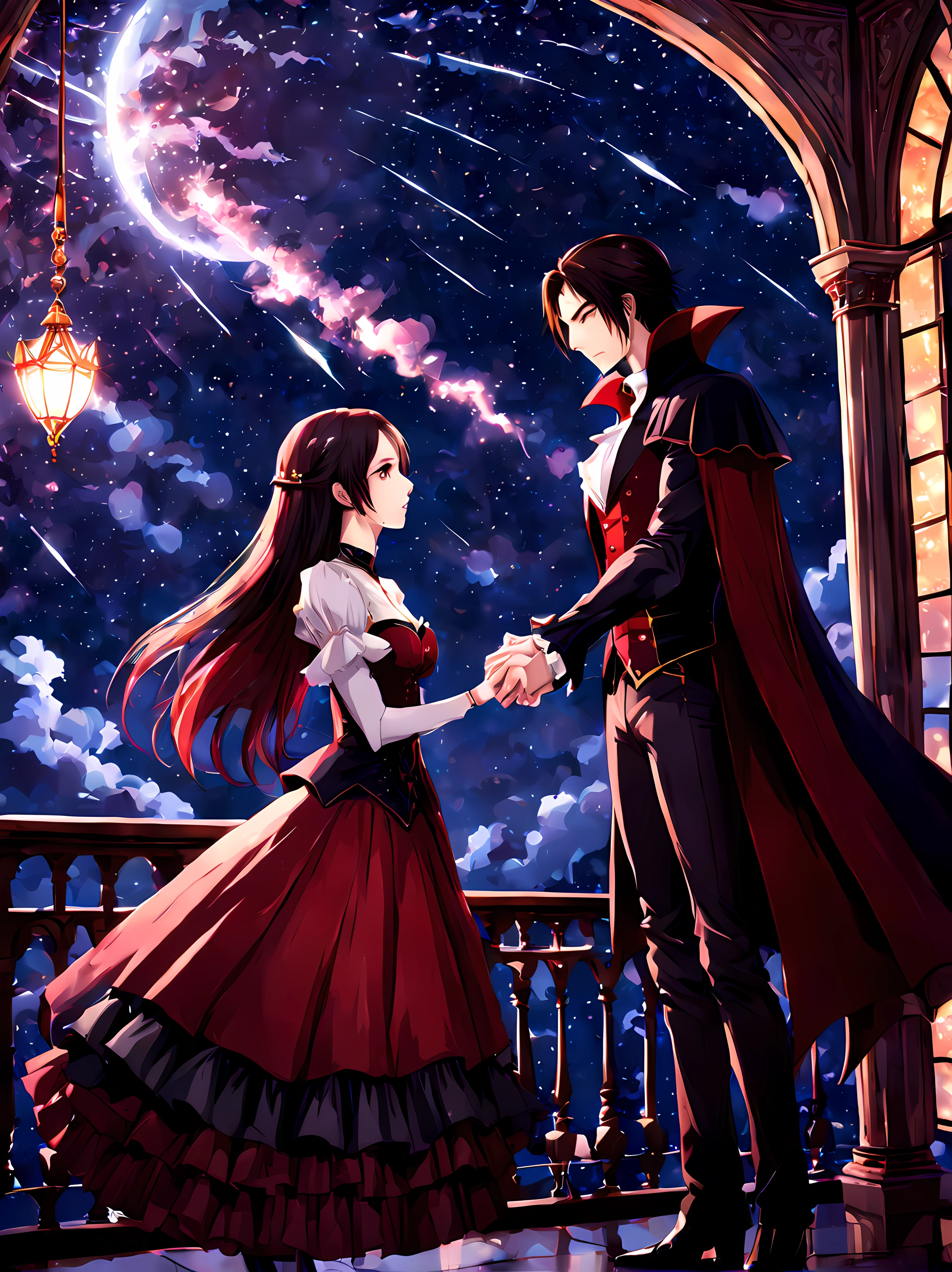 (epic mysterious anime), ((noble vampire couple deeply in love)) (((holding hands together))), (romantic dinner), (shiny) ((meteor shower)), balcony with rosy gothic ornate, PEAnimeBG, Background, anime, scenery