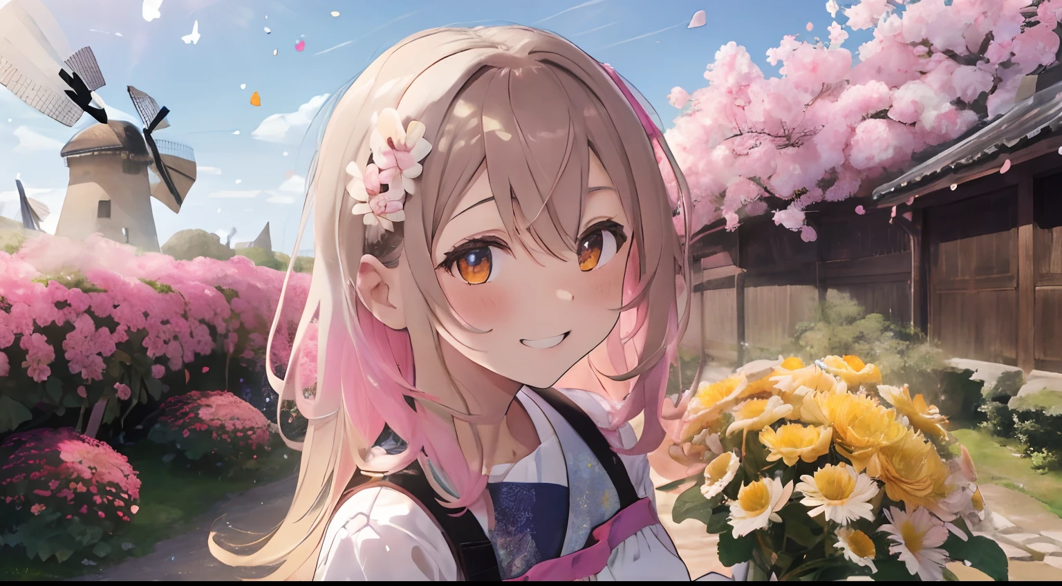 Chrysanthemum garden,Confetti,Little Birds and Butterflies々Jumping around,You can see a windmill in the distance,Sunrise sky bathed in sunlight,fluffy hair,the eyes are orange,white, Pink, Light blue, yellow, Navy blue, and brown,AHE Face,red tide,Pleasant look,Fun-filled exterior,A smile,He's holding out his hand to me,Holding chrysanthemum flowers in your hands