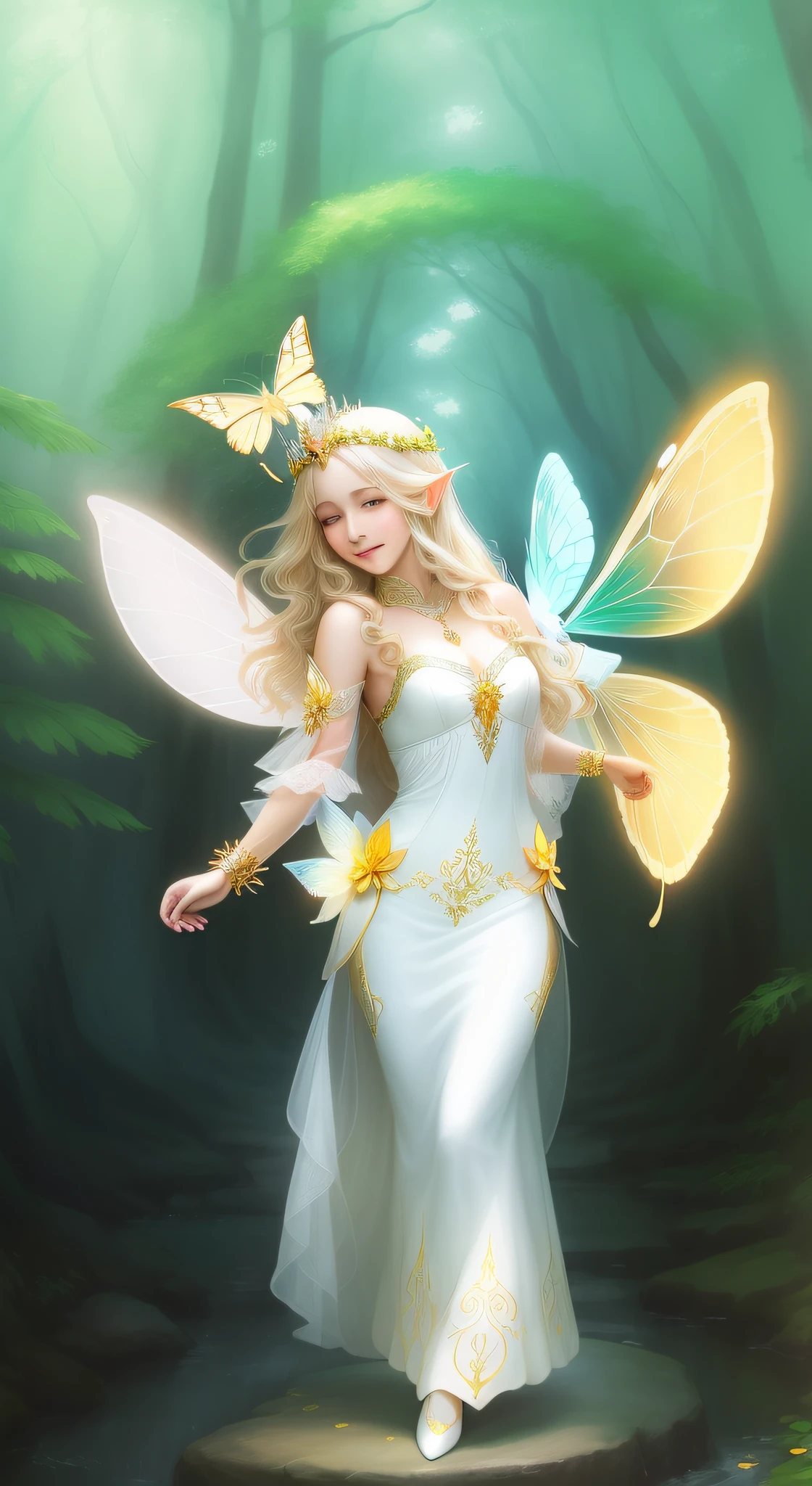 there is a woman dressed in white and gold holding a yellow butterfly, portrait of fairy, fey queen of the summer forest, astral fairy, queen of the fairies, fairy queen, portrait of a fairy, beautiful and elegant elf queen, fairy, fairy magnificent, smiling as a queen of fairies, beautiful fairy, fairy cgsociety, faerie, by Yang J, forest fairy, closed clothing, (no sexy), beatiful face, beautiful girl,