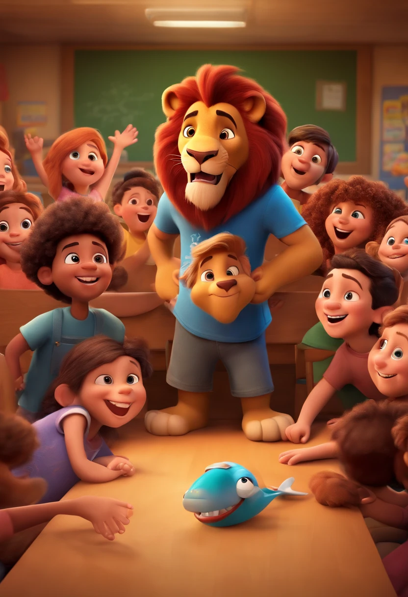 Create a Disney PIXAR-style 3D poster. Happy Daren Lion wearing a black t-shirt in a classroom with happy children.
