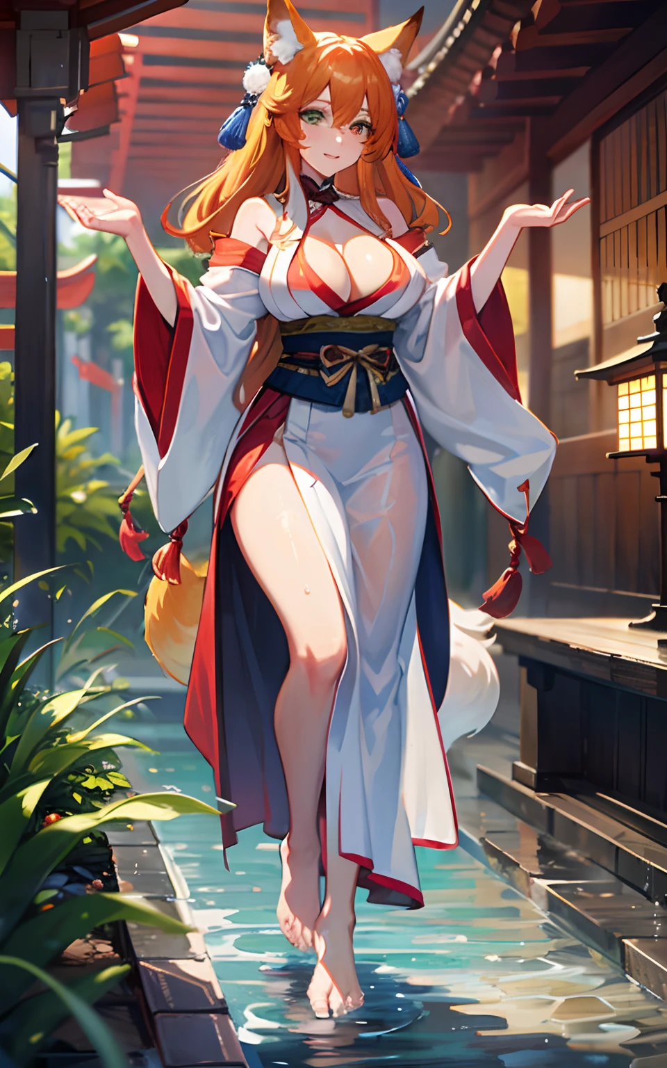 (Masterpiece: 1.5), (Best Quality: 1.5), Perfect Eyes, Perfect Face, Volumetric Lighting, 1 Woman, Mature Woman, (Whiteness: 5), fox ears, fox tail, orange hair, green eyes, massive breasts, massive cleavage, Japanese priestess, Japanese dress, barefoot, seductive smile, water, temple, sexy, wet clothes, wet skin, thick tights,