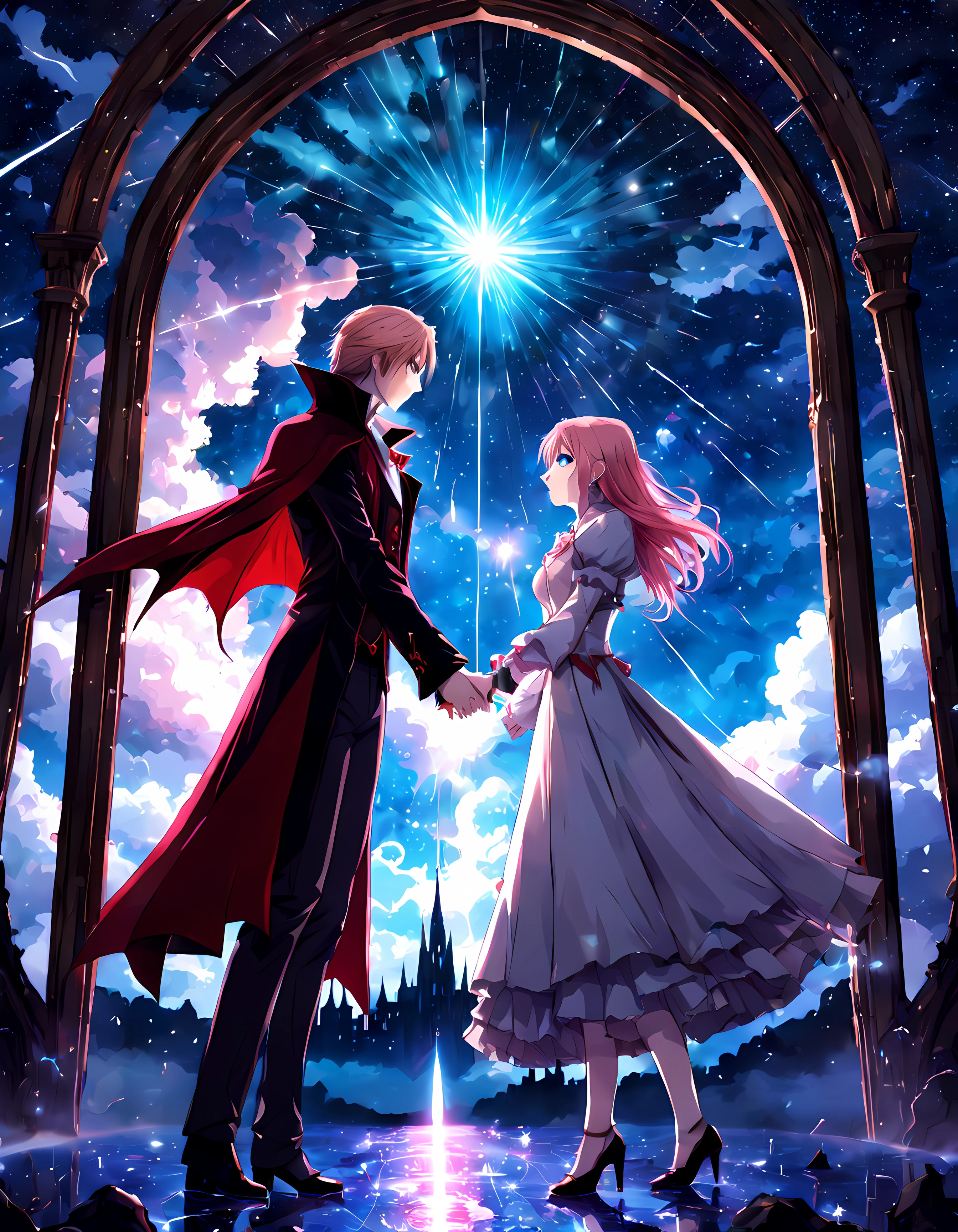 (epic mysterious anime), ((view through the gothic rosy frame)) ((noble vampire couple deeply in love)) (vivid blue eyes) (white noble clothes) (((holding hands together))), shiny ((meteor shower)), PEAnimeBG, Background, anime, scenery