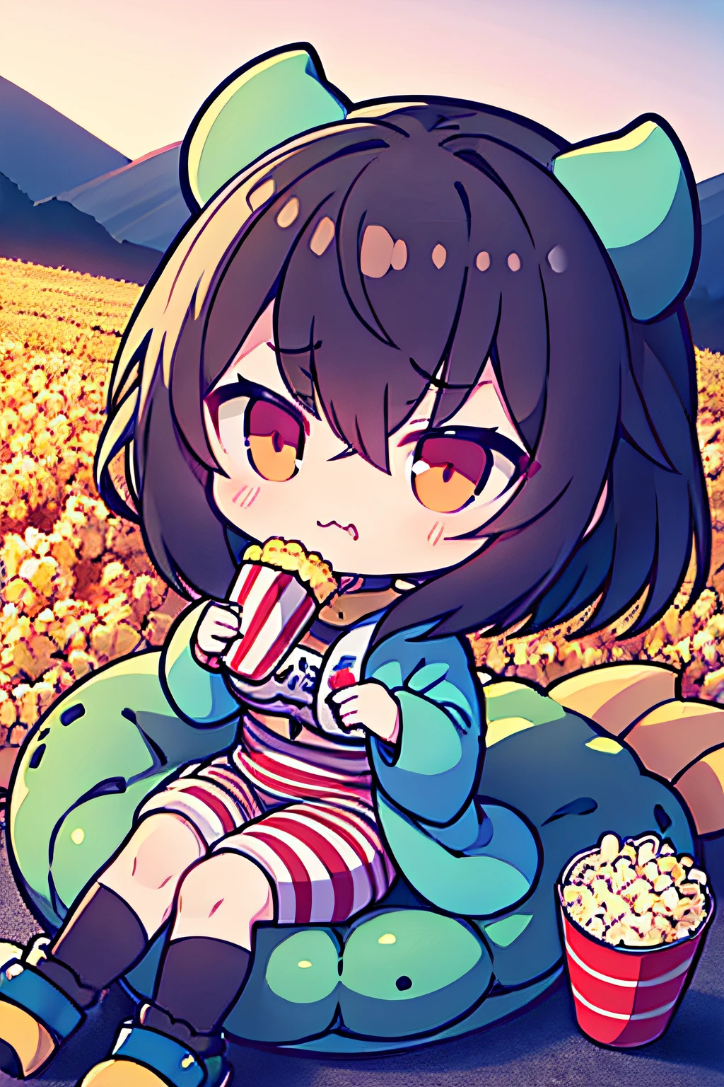 1Human Girl Child、mideum breasts、Dark face、Bad face、Angry、animesque、masterpiece、tchibi、Dinosaur costume、Popcorn in both hands、Open your mouth wide to the maximum、droolng、Landscape Images、Sitting on the ground