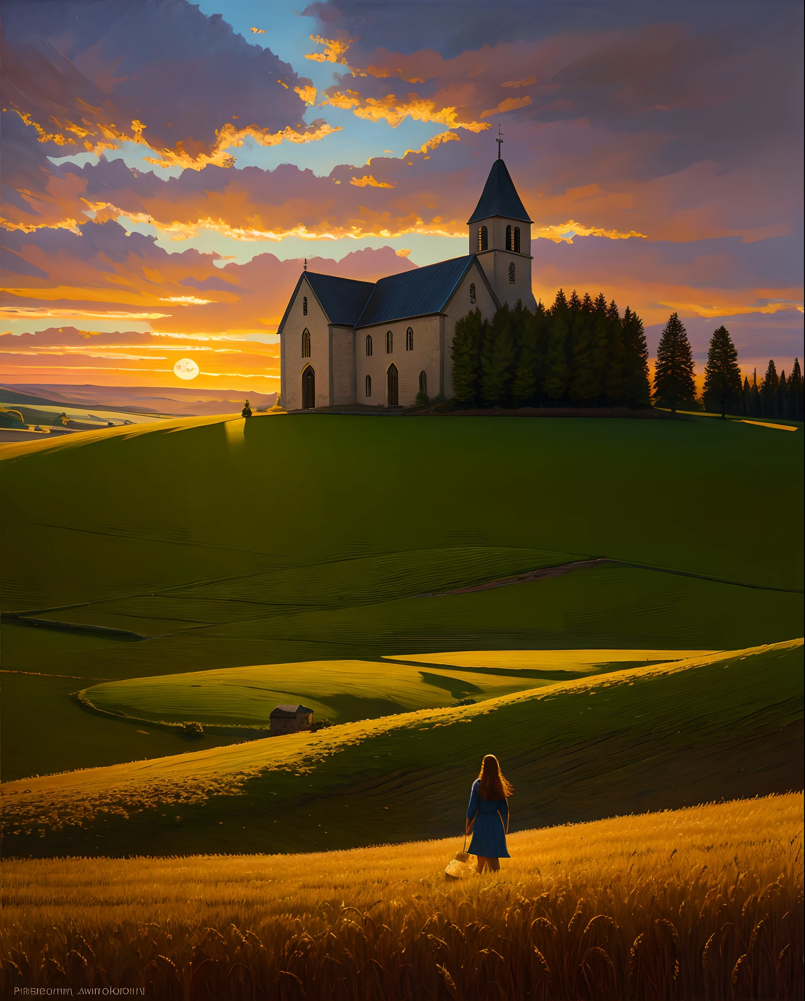 field of wheat　evening glow　Stone church on a hill　teens girl　　an oil painting