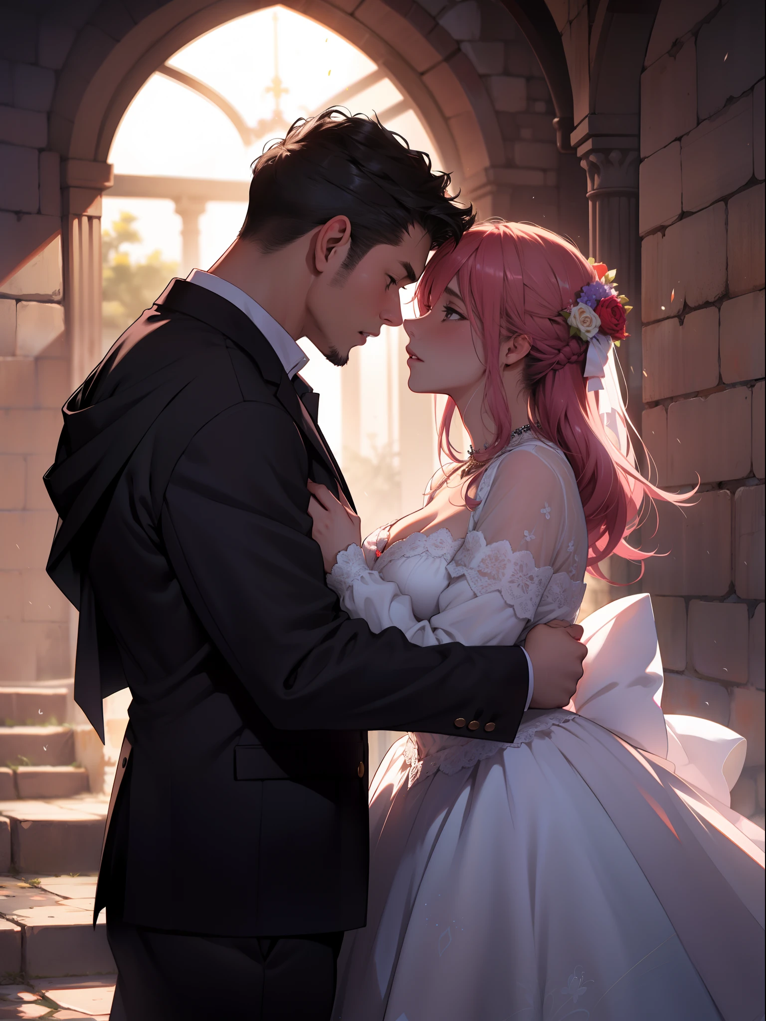 ,1 moon,Romantic couple kissing in the wind,anatomy correct, Delicate pattern,Oriental elements,Ink painting style, Clean colors,Pink rose space, Soft lighting, ( Bokeh),Masterpiece, Super detailed, Epic composition, Highest quality, 8K,