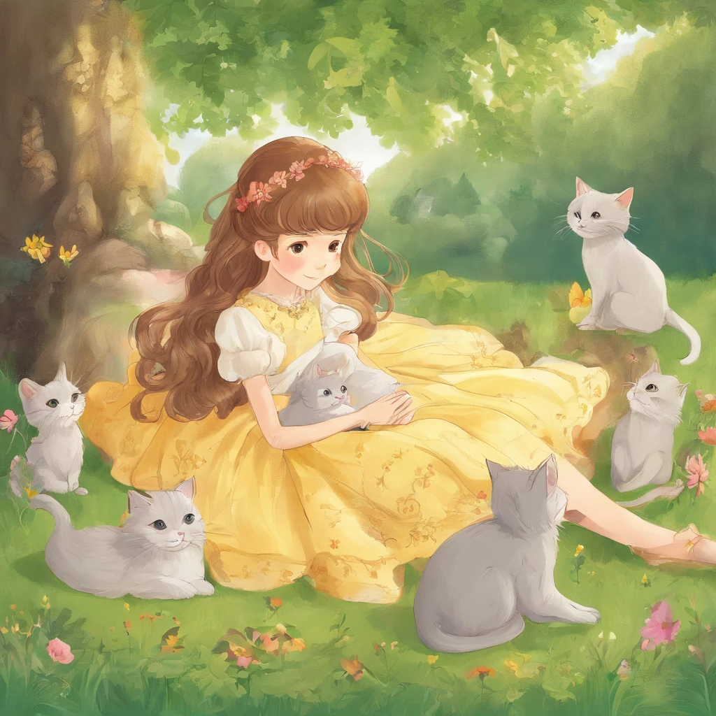 A girl and a cat are basking in the sun on the lawn of a sun-drenched park A girl is lying on the grass with -yeld chnut hair The cat is light gray and stares at the girl with a gentle face.、Snuggling up Fantastic and happy feeling The overall design is classical and the color is strong yellow Picture book illustrations