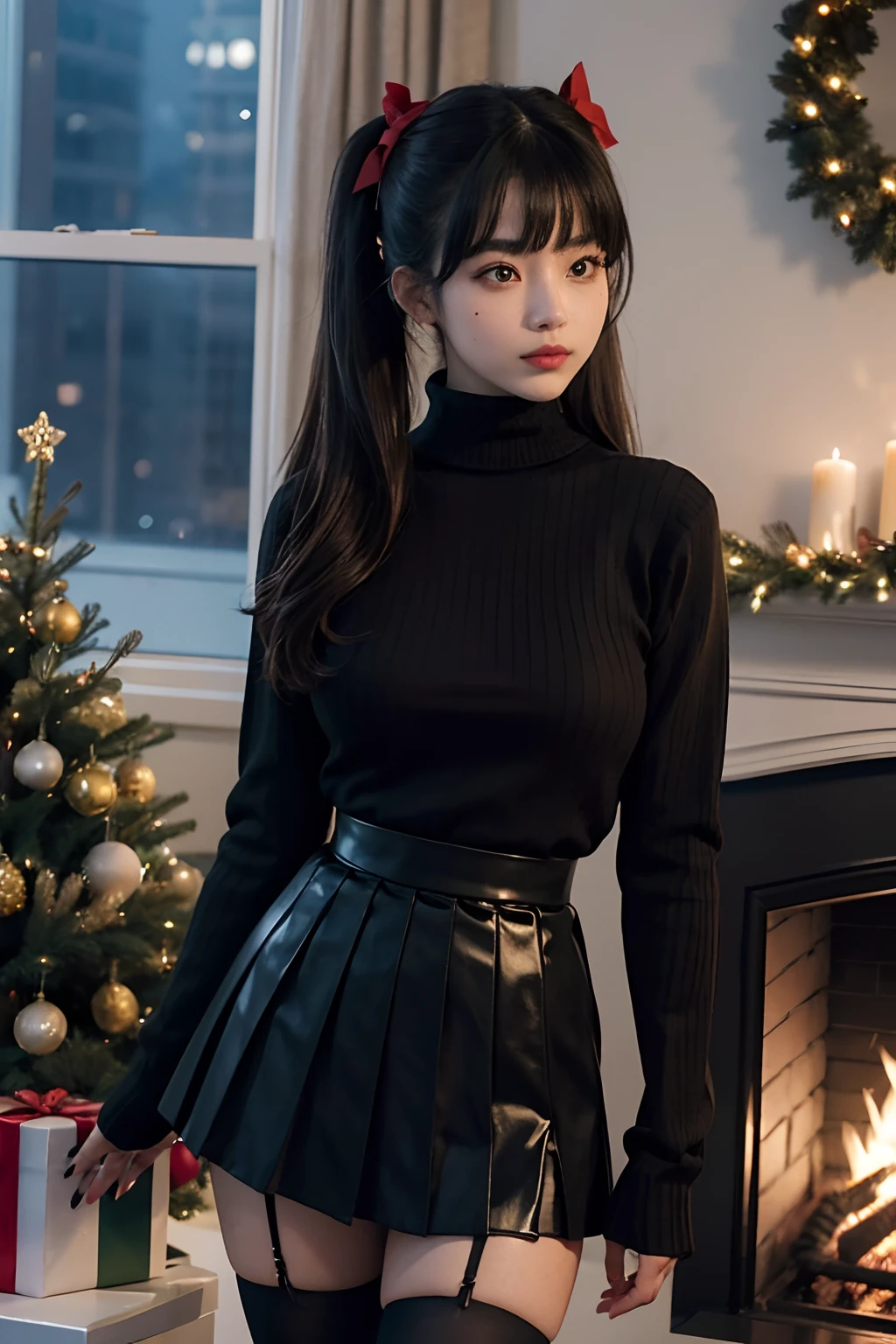 fireplace, ribbon, box, thighs, black_thighhighs, solo, christmas_tree, breasts, pleated_skirt, closed_mouth, long_sleeves, zettai_ryouiki, yellow_eyes, 1girl, cowboy_shot, skindentation, looking_at_viewer, brown_eyes, ribbed_sweater, turtleneck_sweater, nail_polish, mole, thighhighs, bow, black_sweater, simple_background, christmas, window, blush, indoors, shirt_tucked_in, hair_bow, garter_straps, miniskirt, shiny, twintails, sidelocks, taut_clothes, standing, blonde_hair, night, gift_box, large_breasts, shiny_hair, holding, parted_lips, turtleneck, hair_ornament, fingernails, table, mole_under_eye, hair_ribbon, skirt, smile, gift, high-waist_skirt, white_skirt, black_bow, sweater, red_bow, bangs, black_ribbon, christmas_ornaments, mole_under_mouth, long_hair, lips