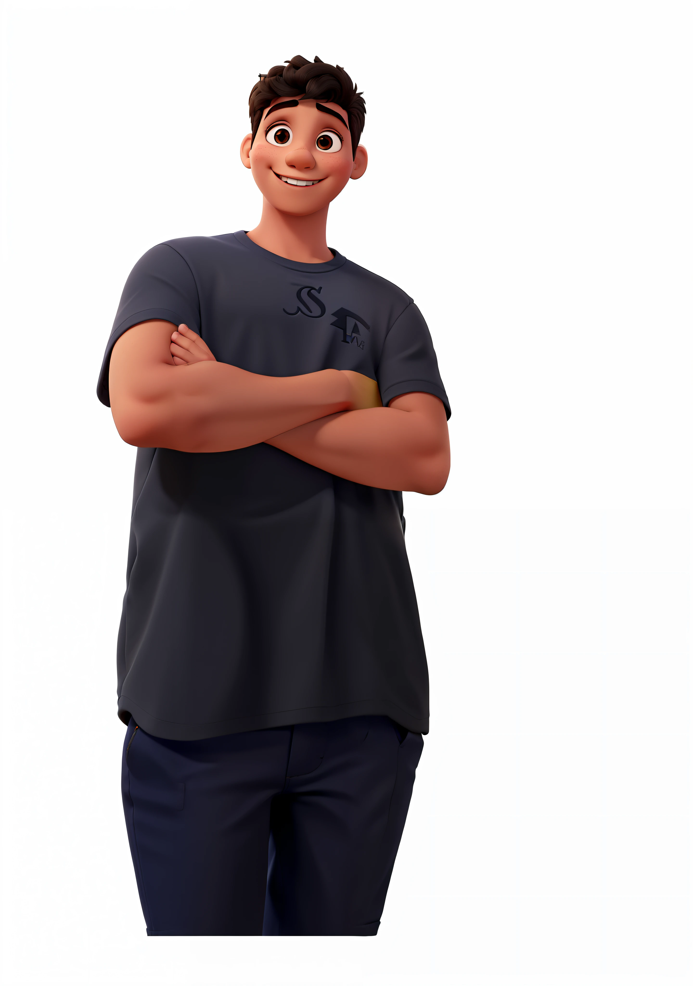 Um menino sorrindo com a camisa preta escrito, js ,no estilo Disney Pixar,alta qualidade,melhor qualidade