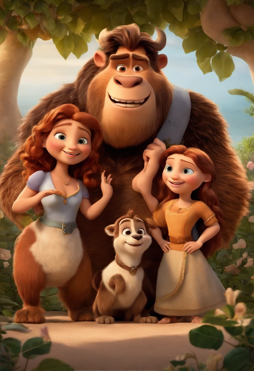 a Disney Pixar movie poster showing a white-skinned family. The father is the tallest, Tem barba curta, loiro, cabelos curtos e espinhosos. The mother has brown eyes and hair, shoulder-length and is slightly overweight. A tem 4 anos e cabelos castanhos, roupa rosa e rabos de cavalo. The background is a beach garden. 3D-rendering
