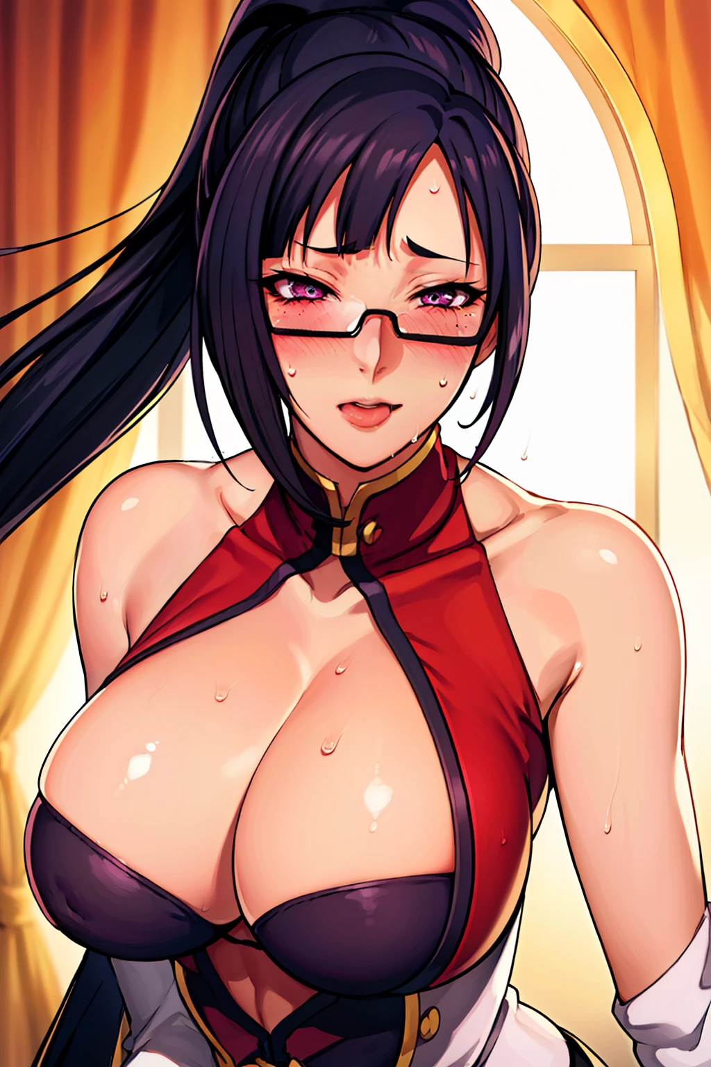 at the bedroom, (blushing face:1.4), (sweaty:1.4), tongue out, (covering breasts),white dress, chinese clothes, cleavage cutout, clothing cutout, bare shoulders, semi-rimless eyewear, black hair, very long hair, ponytail,Bangs,purple eyes, 1 girl, 20yo,Young female,Beautiful Finger,Beautiful long legs,Beautiful body,Beautiful Nose,Beautiful character design, perfect eyes, perfect face,expressive eyes,perfect balance, (innocent_big_eyes:1.0), official art,extremely detailed CG unity 8k wallpaper, perfect lighting,Colorful, Bright_Front_face_Lighting,shiny skin, (masterpiece:1.0),(best_quality:1.0), ultra high res,4K,ultra-detailed, photography, 8K, HDR, highres, absurdres:1.2, Kodak portra 400, film grain, bokeh:1.2, lens flare, (vibrant_color:1.2),professional photograph, (Beautiful,large_Breasts:1.4), (beautiful_face:1.5)