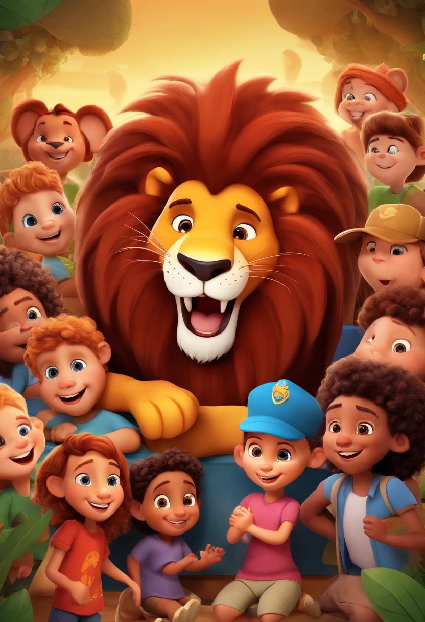 Create a Disney PIXAR-style 3D poster. Happy Daren Lion wearing a black t-shirt in a classroom with happy children.