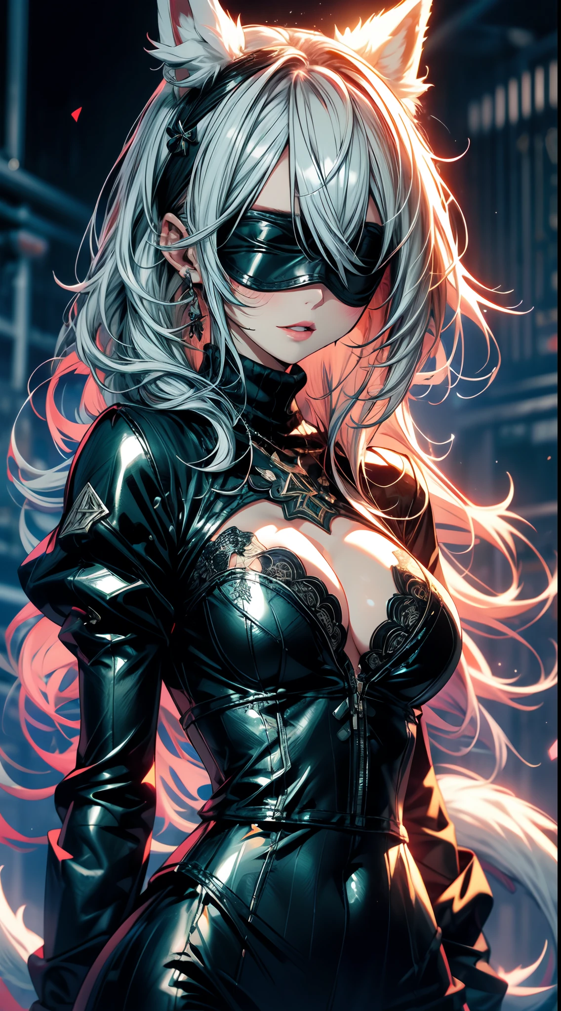 1girl, wlop, (blindfold), breasts, cleavage, cleavage cutout, dress cutout, green background, hair between eyes, headband, high resolution, juliet sleeves, long sleeves, nier (series), nier automata, fluffy sleeves, red lips, shadow face, short hair, solo, turtleneck sweater, upper body, l blue hair, sky, white fox ears, white fox tail, nine-tailed fox,
