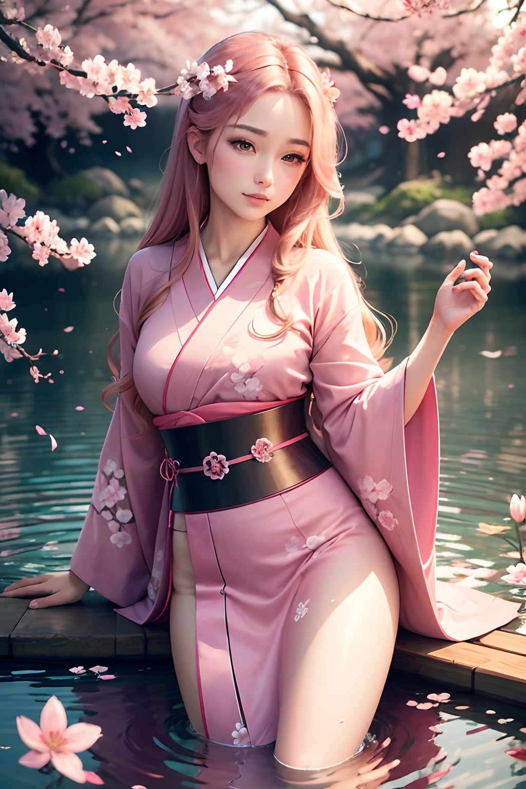 (best quality,ultra-detailed,realistic:1.37),colorful,painting-like,beautiful detailed eyes,beautiful detailed lips,dynamic,sakura tree,pink petals,Japanese style,authentic kimono,tranquil,gentle smile,flowing hair,blossom season,serene garden,harmony,soft sunlight,subtle shadows,sakura fragrance,gentle breeze,delicate movements,slender figure,peaceful atmosphere,traditional background,sublime beauty,intense cherry blossom colors,sakura reflection in water,serenity,serene ambiance,natural beauty --auto