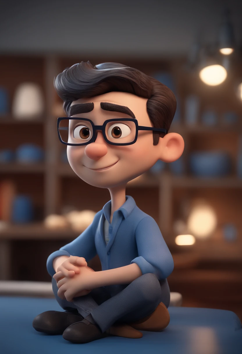 Cartoon character of a man with black glasses and a blue shirt, animation character, Caractere estilizado, animation style rendering, 3D estilizado, Arnold Maya render, 3 d render stylized, toon render keyshot, Personagem 3D, Personagem 3D, 3d rendering stylized, 3 d character render, personagem de desenho animado, Personagem de close up, Pose de personagem, (Estilo Pixar) (master part:1.2) (Bokeh) (best quality) (pele detalhada) (textura detalhada) (8k) (argila) (Cinematic lighting) (foco nítido