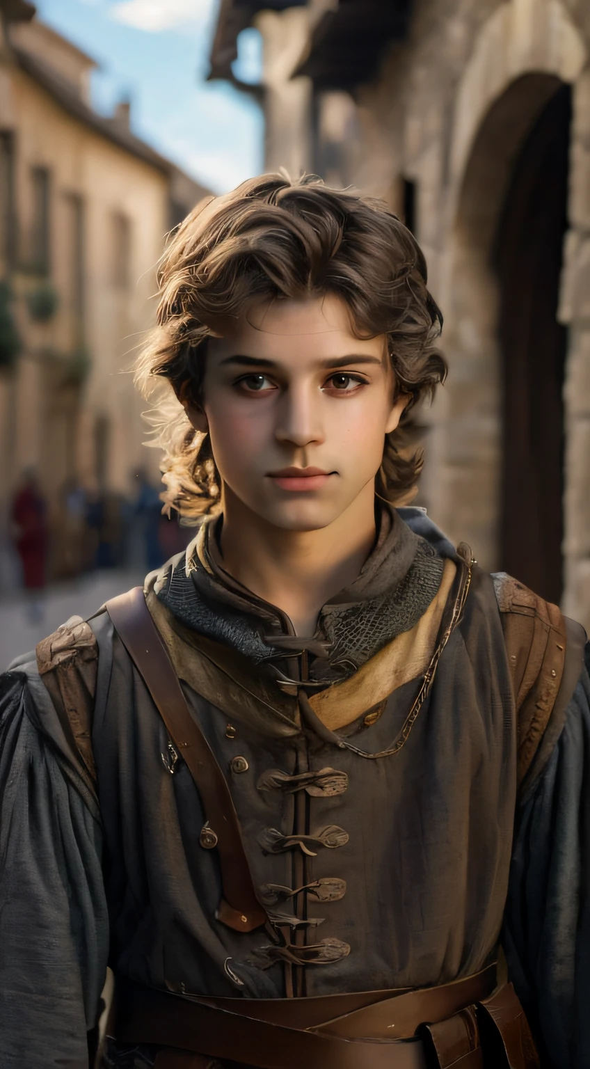 cinemactic, fotografia, Photo portrait of head and shoulder, 1st grade, sozinho, 14 anos de idade medieval fantasia menino acrobata, cabelo castanho cinza, comprimento dos olhos, esquisito, impar, Fantasy medieval acrobat nice clothes, um pouco louco, Encrenqueiro, olhar inteligente, olhar bondoso, bolsas sob os olhos, em uma grande cidade medieval, Canon EOS 5D Marca IV, Historical, fantasia, hiper detalhado, texturas precisas, Realistic, skin pores