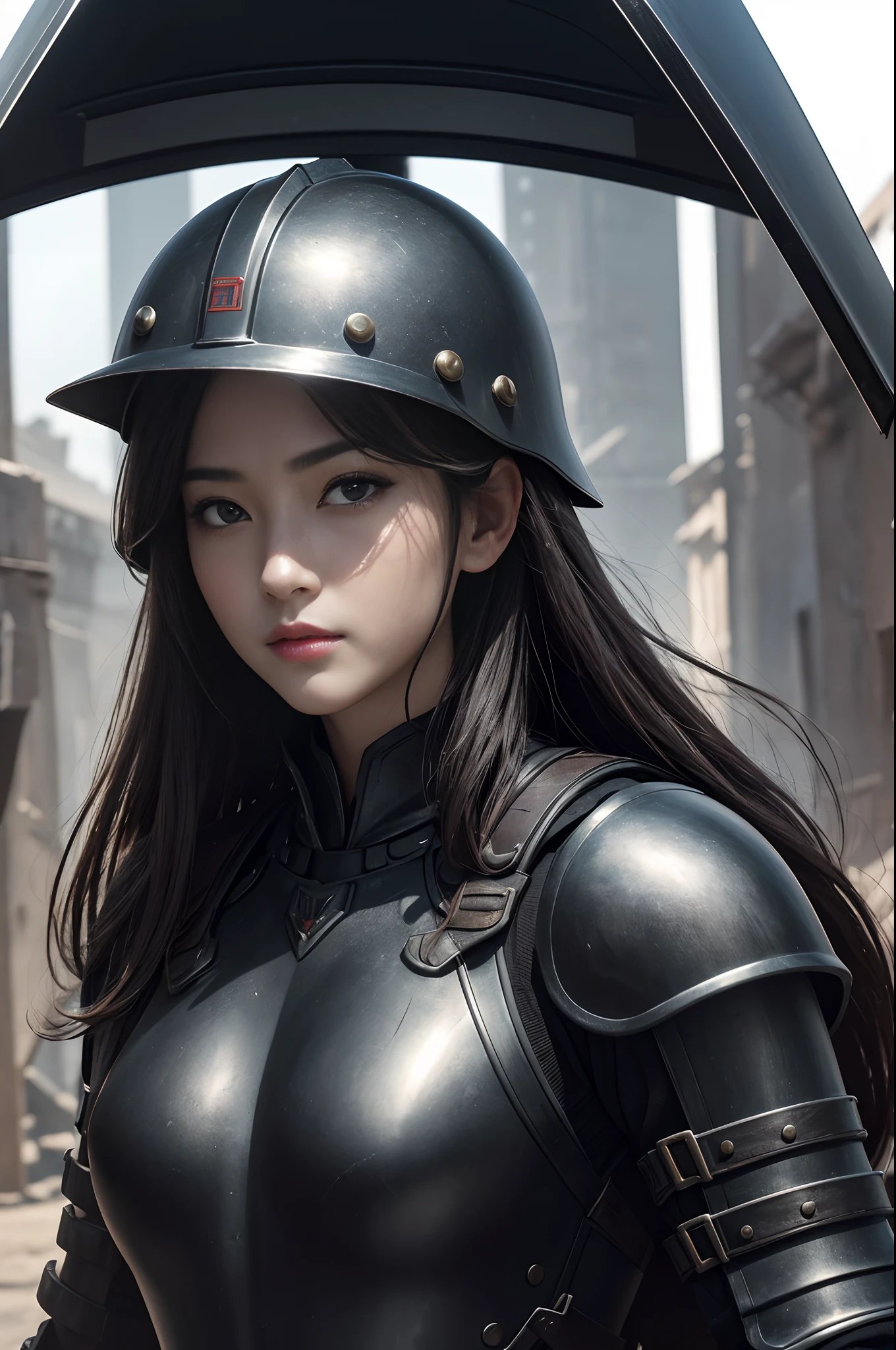8K,超A high resolution,((Top image quality))、((masterpiece))、(High Detail:1.3)、Sharp helmet,Woman in black armor、length hair。Wearing a helmet、Wartime scenes of armor damage