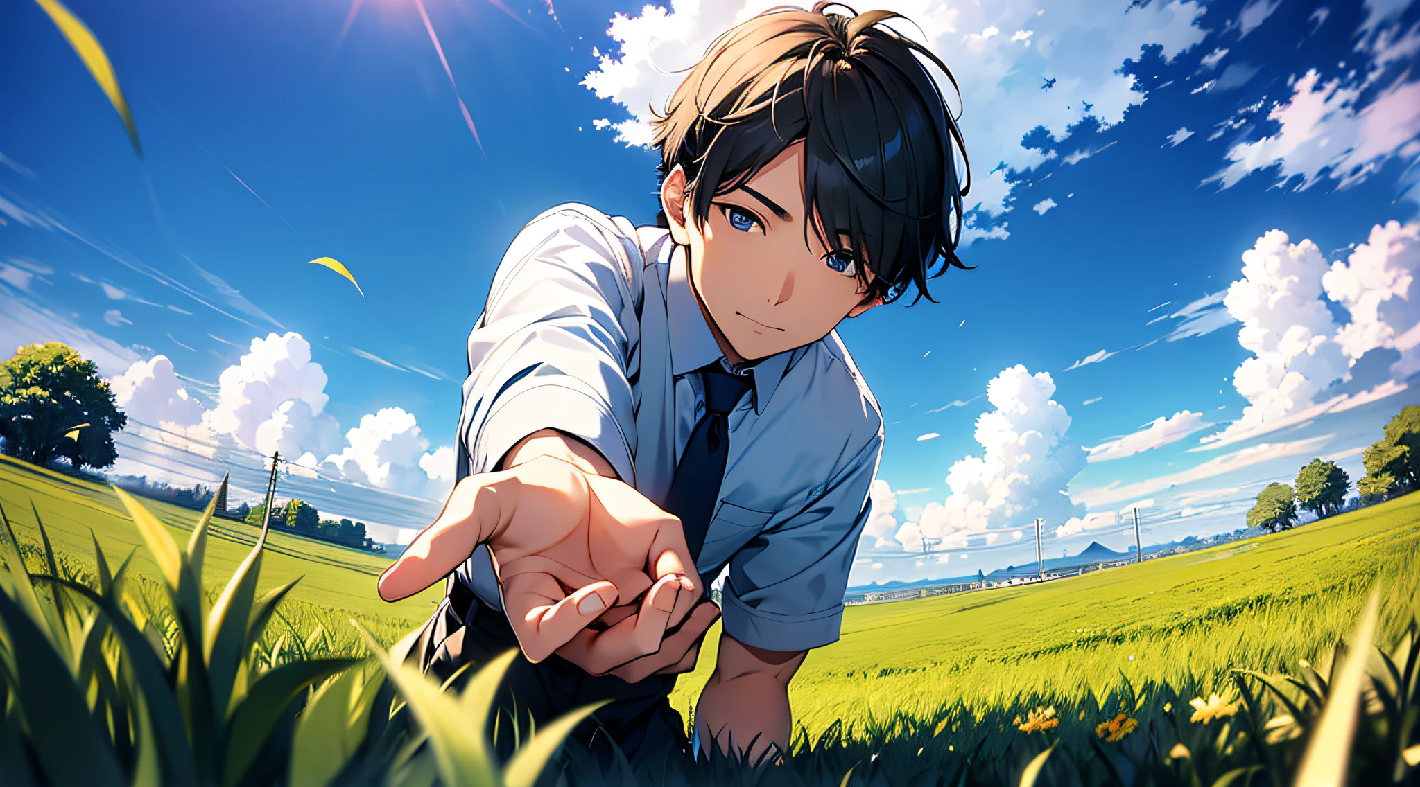 grass field、blue open sky、look up sky、Reaching out、Salaryman Man