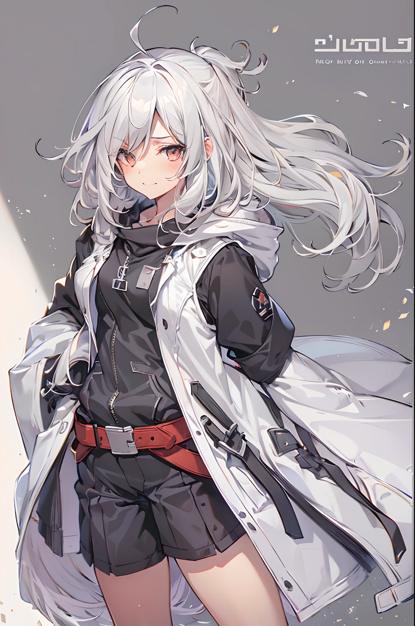 1girl, {solo}, upper body ,{{ {looking at viewer}}}, arm at side, concept art, white background, simple background, white hair, silver gradiient hair , complex cloth, asymmetrical clothes, virtual youtuber, best quality, masterpiece, dynamic angle, guilty gear, guilty gear, guilty gear, cowboy_shot, looking_back, grabbing, girl,woman,female, young,20 years old, very long hair, flipped hair, silver hair, flowing hair, ahoge, smirk, beautiful and delicate golden eyes, teeth, medium_breasts, blonde eyes, white skin, coat, hoodie, black_shorts, grey Clothes, transparent_background, backlighting, absurdres, highres, ultra detailed,