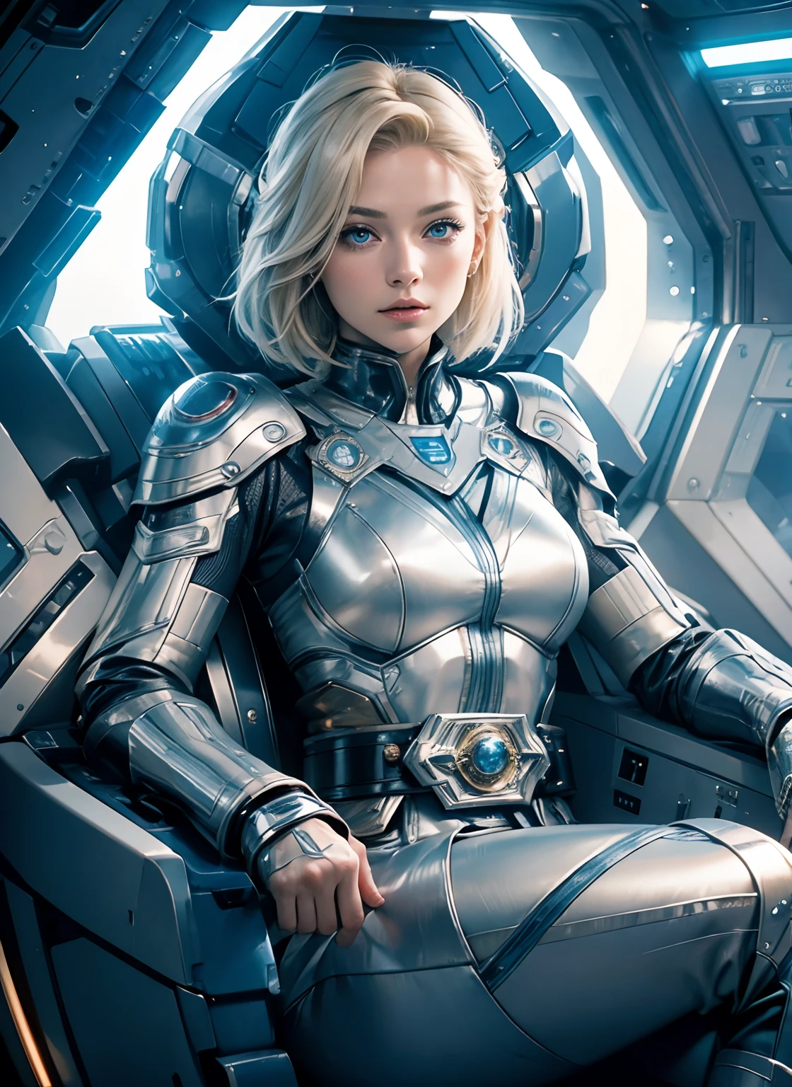 A beautiful woman with blonde hair and blue eyes is sitting in a luxurious command seat inside a spaceship. her hair is short. She wears a silver battle uniform, with something on her waist reminiscent of Kamen Rider's transformation belt. She's inside a spaceship. 8K image quality.