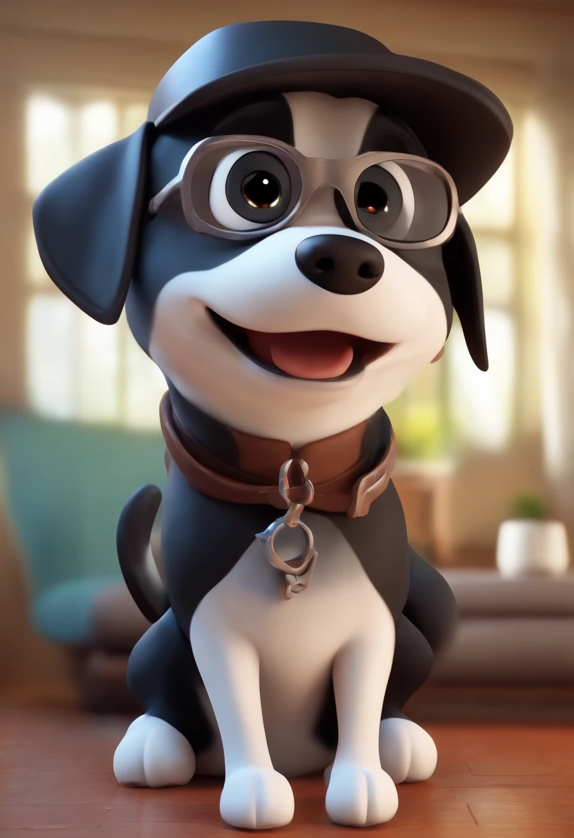 Cartoon character of a 30-year-old man with black glasses, cabelos curtos penteado para o lado direito, Barba curta e uma camisa preta. Junto com o homem, A white beagle dog with brown and black markings, in the breed standard called Toothless with a halo over her head toothless animation character, Caractere estilizado, animation style rendering, 3D estilizado, Arnold Maya render, 3 d render stylized, toon render keyshot, Personagem 3D, Personagem 3D, 3d rendering stylized, 3 d character render, personagem de desenho animado, Personagem de close up, Pose de personagem,  (Estilo Pixar) (master part:1.2) (Bokeh) (best quality) (pele detalhada) (textura detalhada) (8k) (argila) (Cinematic lighting) (foco nítido