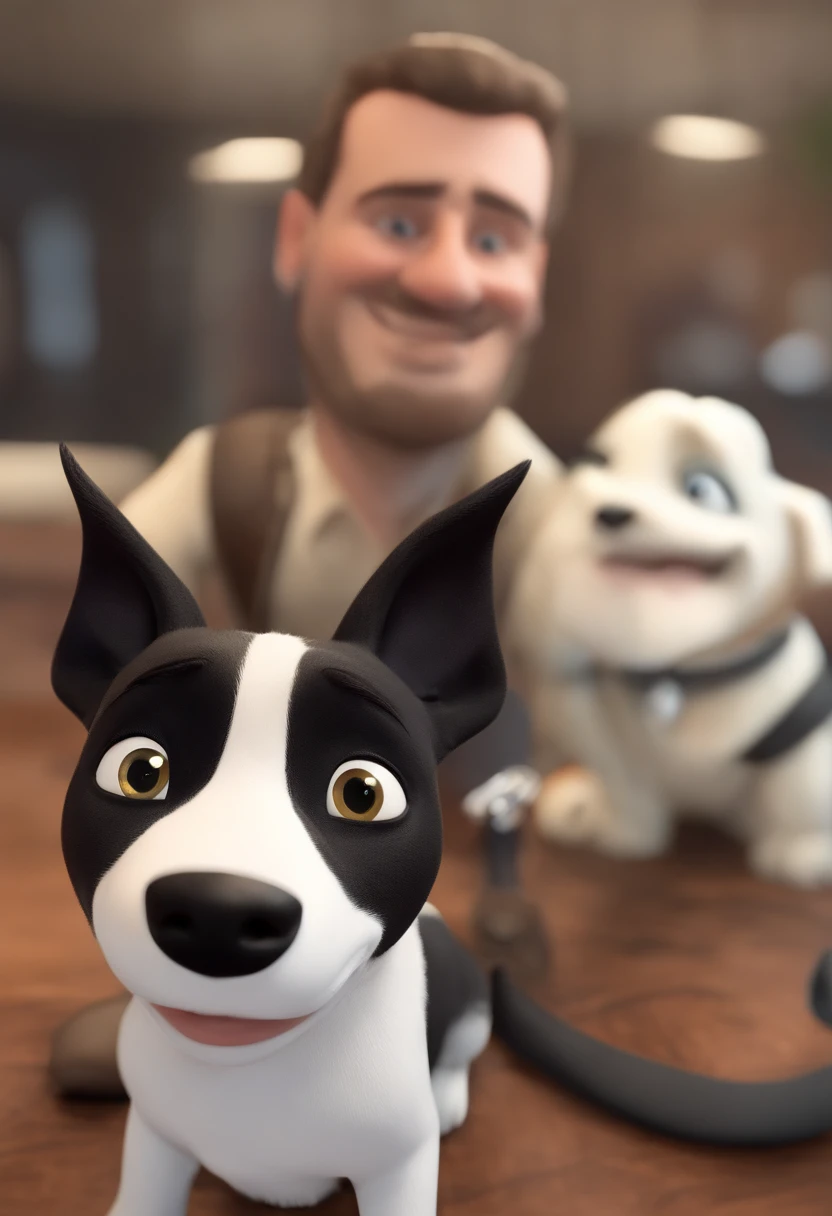 Cartoon character of a 30-year-old man with black glasses, cabelos curtos penteado para o lado direito, Barba curta e uma camisa preta. Junto com o homem, A white beagle dog with brown and black markings, in the breed standard called Toothless with a halo over her head toothless animation character, Caractere estilizado, animation style rendering, 3D estilizado, Arnold Maya render, 3 d render stylized, toon render keyshot, Personagem 3D, Personagem 3D, 3d rendering stylized, 3 d character render, personagem de desenho animado, Personagem de close up, Pose de personagem, (Estilo Pixar) (master part:1.2) (Bokeh) (best quality) (pele detalhada) (textura detalhada) (8k) (argila) (Cinematic lighting) (foco nítido