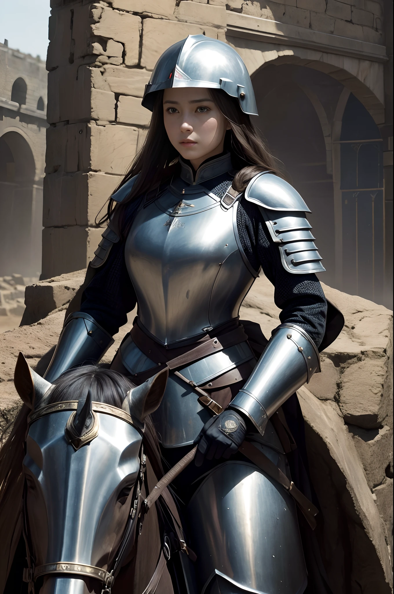 8K,超A high resolution,((Top image quality))、Joan of Arc,((​masterpiece))、(High Detail:1.3)、Woman in black armor、length hair。Wearing a helmet、Wartime scenes of armor damage