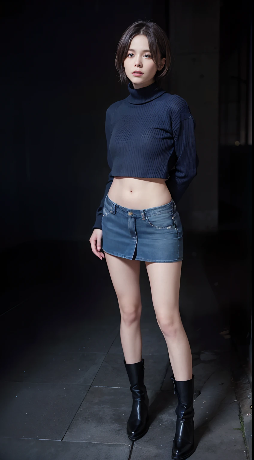 Sweaters、Denim Mini Skirt、full body Esbian、frontage、A slender、(masuter piece:1.3)、(8K、Photorealsitic、Raw photography、top-quality: 1.4)、(1girl in)、beautiful countenance、(Lifelike face)、(A dark-haired、short-hair:1.3)、Beautiful hairstyle、realisticeyes、Beautiful details、(real looking skin)、Beautiful skins、(Sweaters)、absurderes、enticing、超A high resolution、A hyper-realistic、high-detail、the golden ratio、((wide open abdomen))、((open abdomen))、((wide open navel))、((open navel))、((Bare belly))、((Mid-Riff Sweater))、((Mid-Riff Sweater))、((Ultra-low rise、Denim Mini Skirt))、 ((Navel Ejection))、((small hips))、((long limbs))、((Full body depiction))、((small hip))、(long boots)、((Ultra-low rise))、((Denim Mini Skirt))、((is standing))、 ((wide open abdomen))、((open abdomen))、((wide open navel))、((open navel))、((Bare belly))、((Mid-Riff Sweater))、((Ultra-low rise、Denim Mini Skirt))、 ((Navel Ejection))、((small hips))、((Full body depiction))、((small hip))、(boots)、((Ultra-low rise))、((Denim Mini Skirt))、((is standing))、
