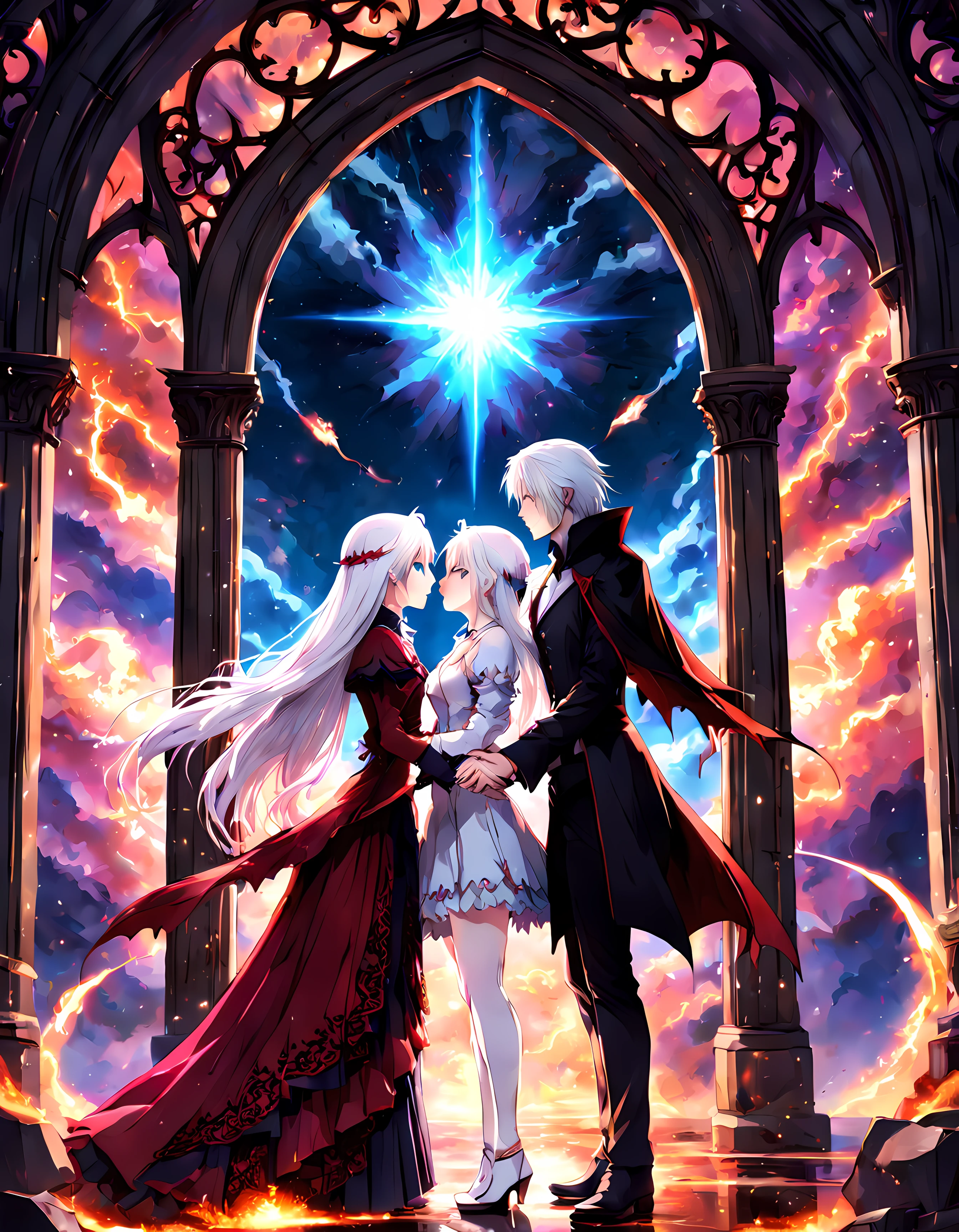 (symmetrical:1.3), (epic mysterious anime), ((view through the gothic arch with rich rosy ornate)), ((noble vampire couple deeply in love)) (vivid blue eyes) (white noble clothes) (long white hair) (((holding hands together))), shiny fiery (((meteor))), (couple surrounded by mesmerizing streams of magic), PEAnimeBG, Background, anime, scenery