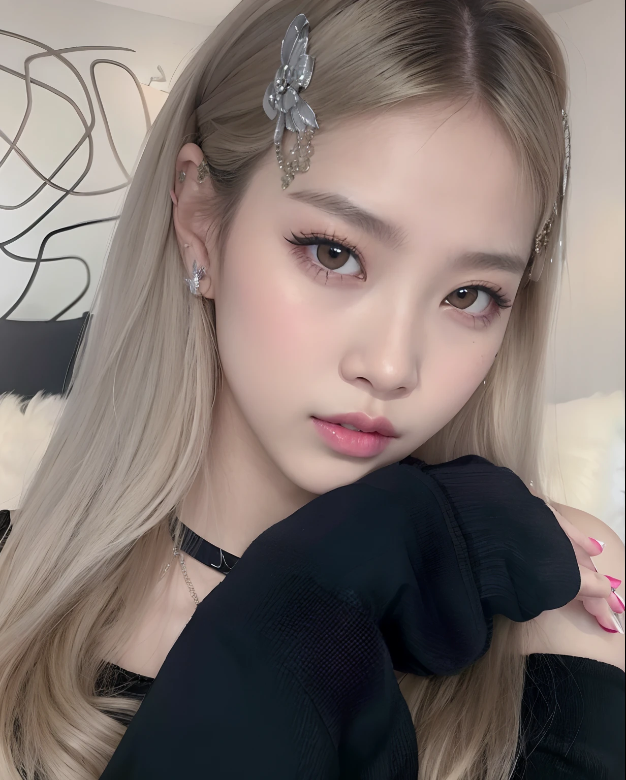 Blonde girl with long hair wearing a black top and a silver headband, Lalisa Manobal, maquiagem sul-coreana popular, maquiagem coreana popular, Parque Roseanne do Blackpink, Sakimichan, menina coreana, Ulzzang, wan adorable korean face, Jaeyeon Nam, beautiful aesthetic face, TaeJune Kim, Retrato de Jossi de Blackpink